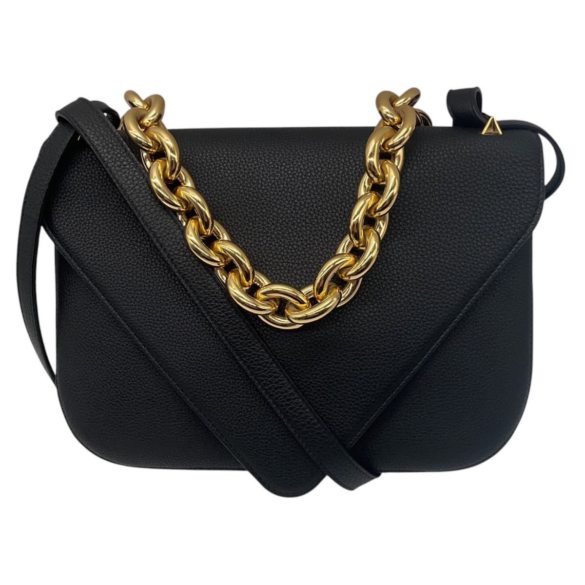 Bottega Veneta Black Grained Leather Shoulder Bag with Gold Chain