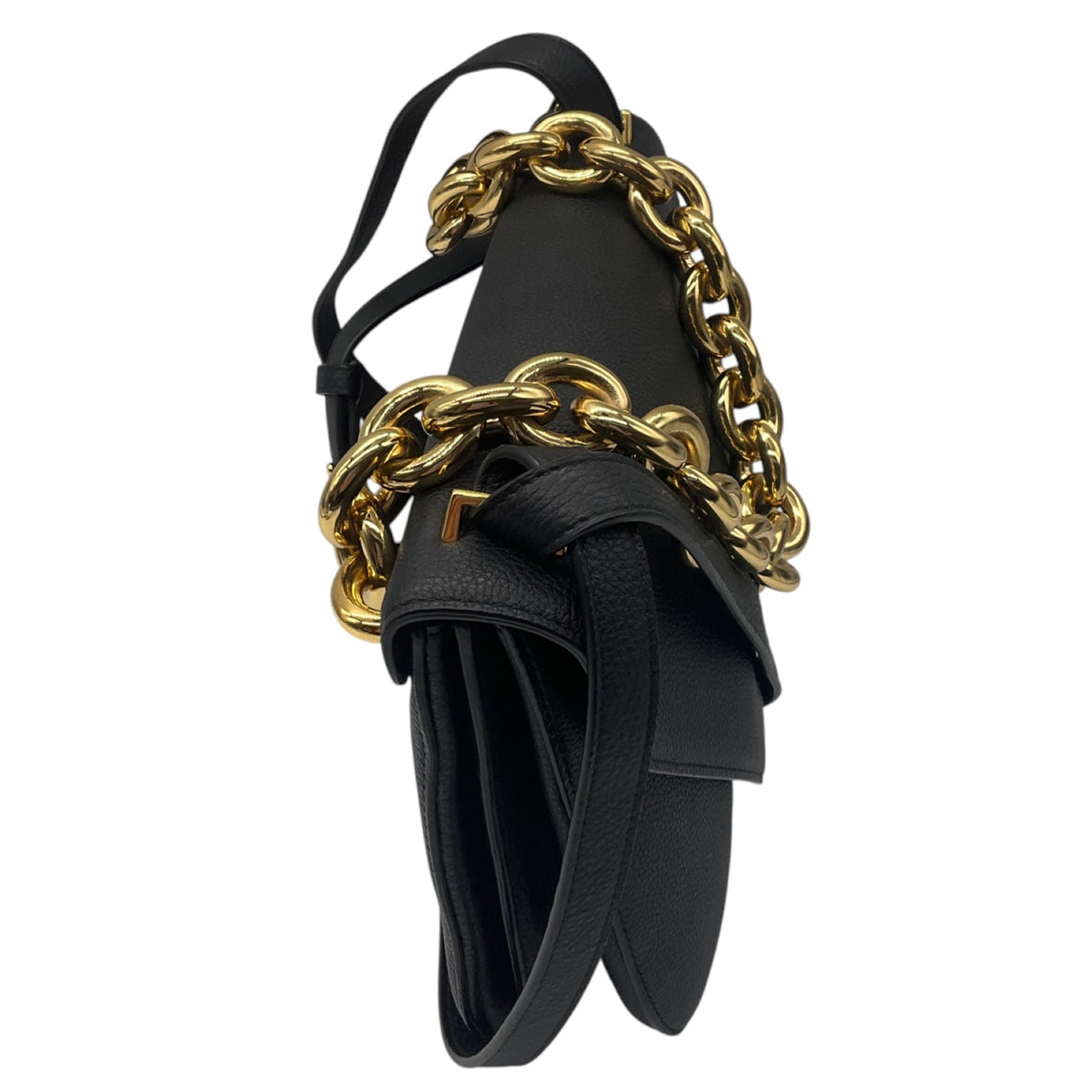 Bottega Veneta Black Grained Leather Shoulder Bag with Gold Chain