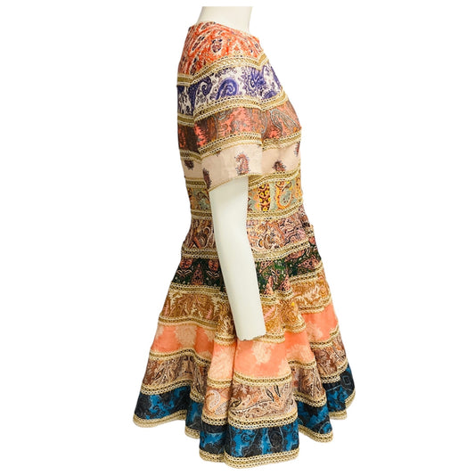 Zimmermann Pastel Multi / Gold Metallic Devi Spliced Paisley Print Fit Flare Linen Mini Dress