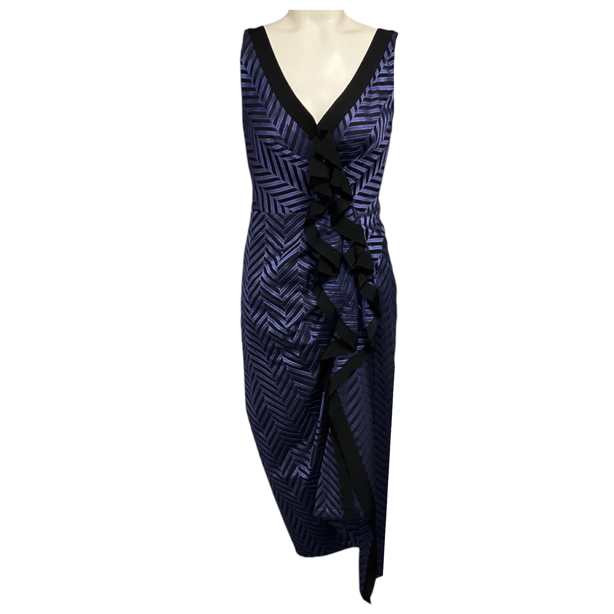 Dries Van Noten Purple / Black Ruffled Sleeveless Embroidered Chevron Jacquard Midi Cocktail Dress