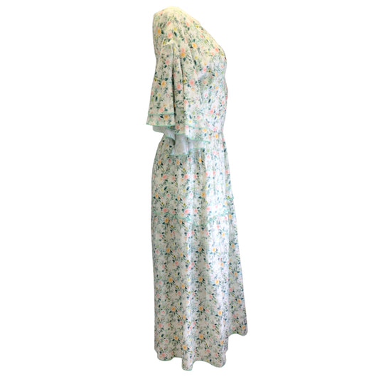 Gul Hurgel White / Green Multi Belted Floral Printed Linen Midi Dress