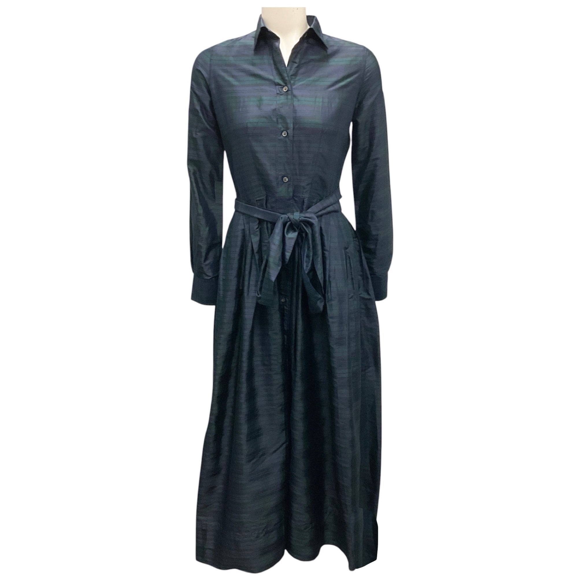 Ann Mashburn Navy / Green Blackwatch Silk Shantung Classic Shirtwaist Maxi Dress