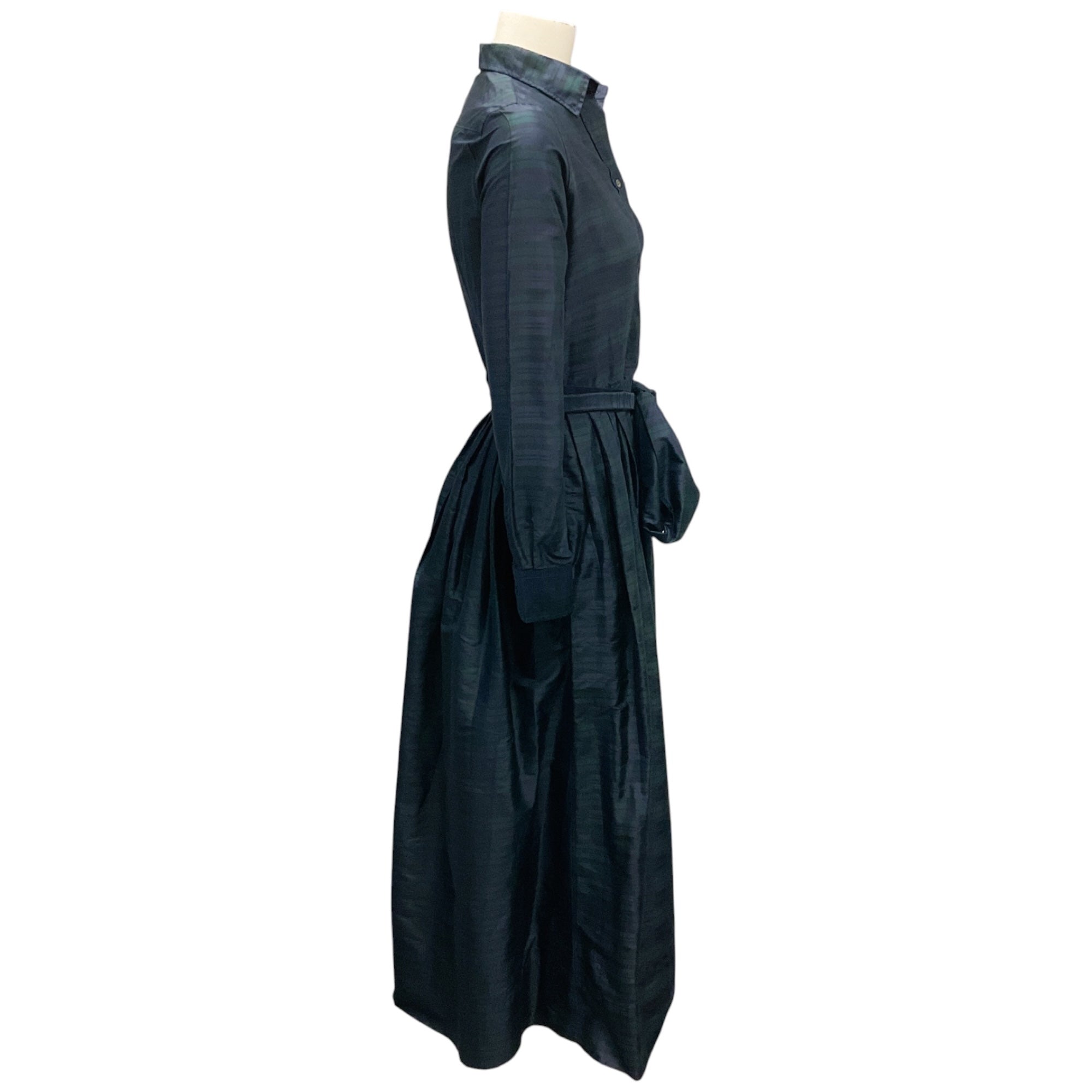 Ann Mashburn Navy / Green Blackwatch Silk Shantung Classic Shirtwaist Maxi Dress