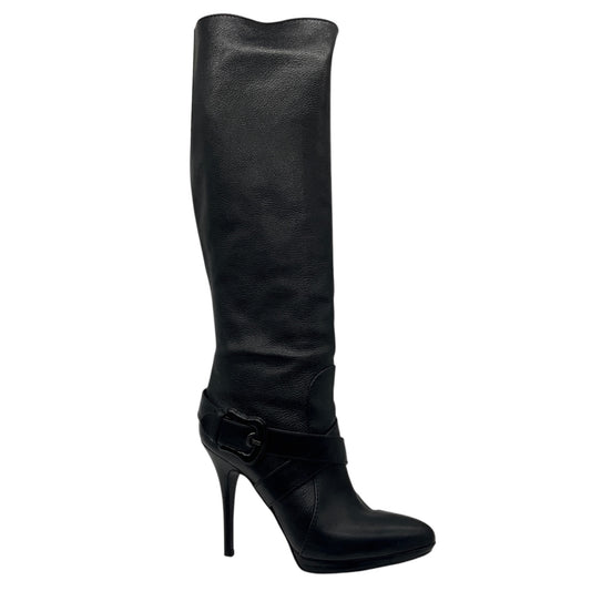 Fendi Black Grained Leather Heeled Tall Boots with Criss Cross Buckle