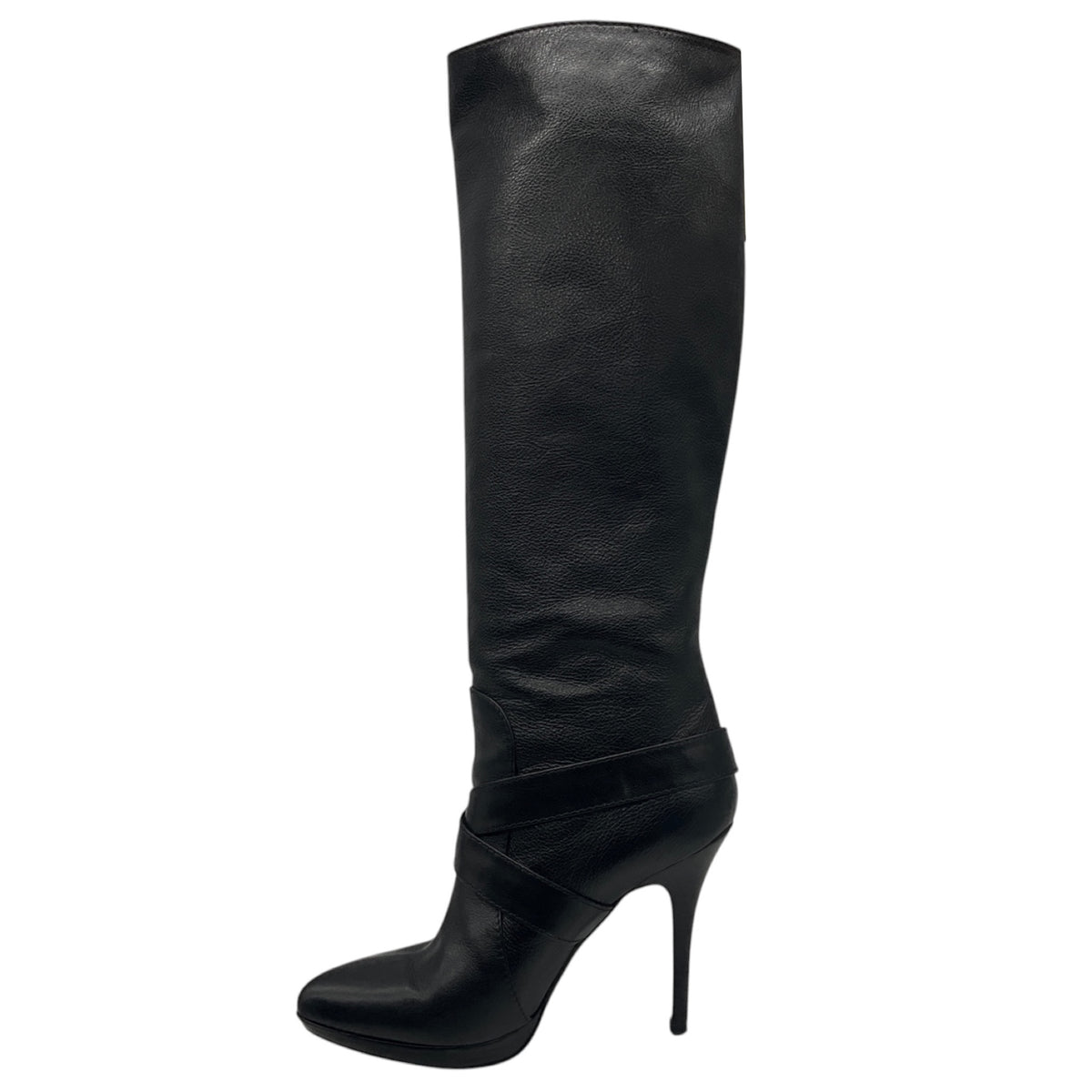 Fendi Black Grained Leather Heeled Tall Boots with Criss Cross Buckle