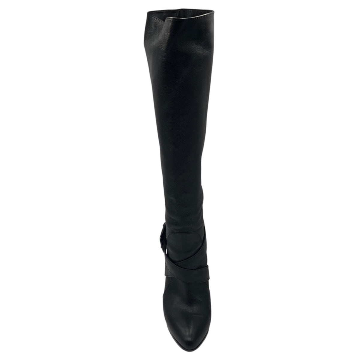 Fendi Black Grained Leather Heeled Tall Boots with Criss Cross Buckle