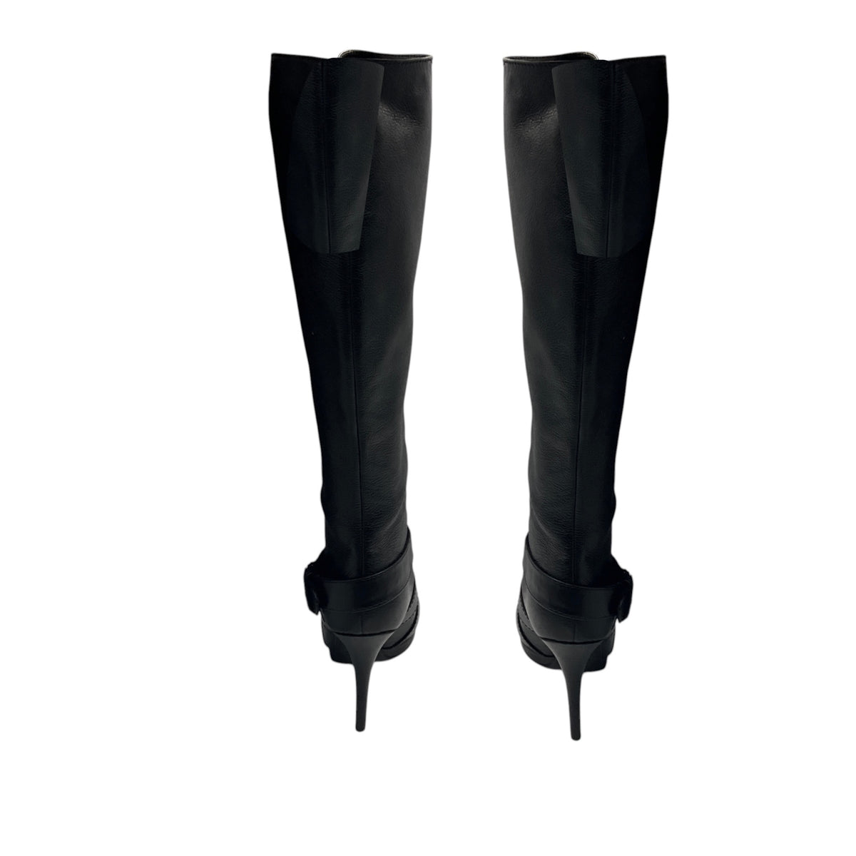 Fendi Black Grained Leather Heeled Tall Boots with Criss Cross Buckle