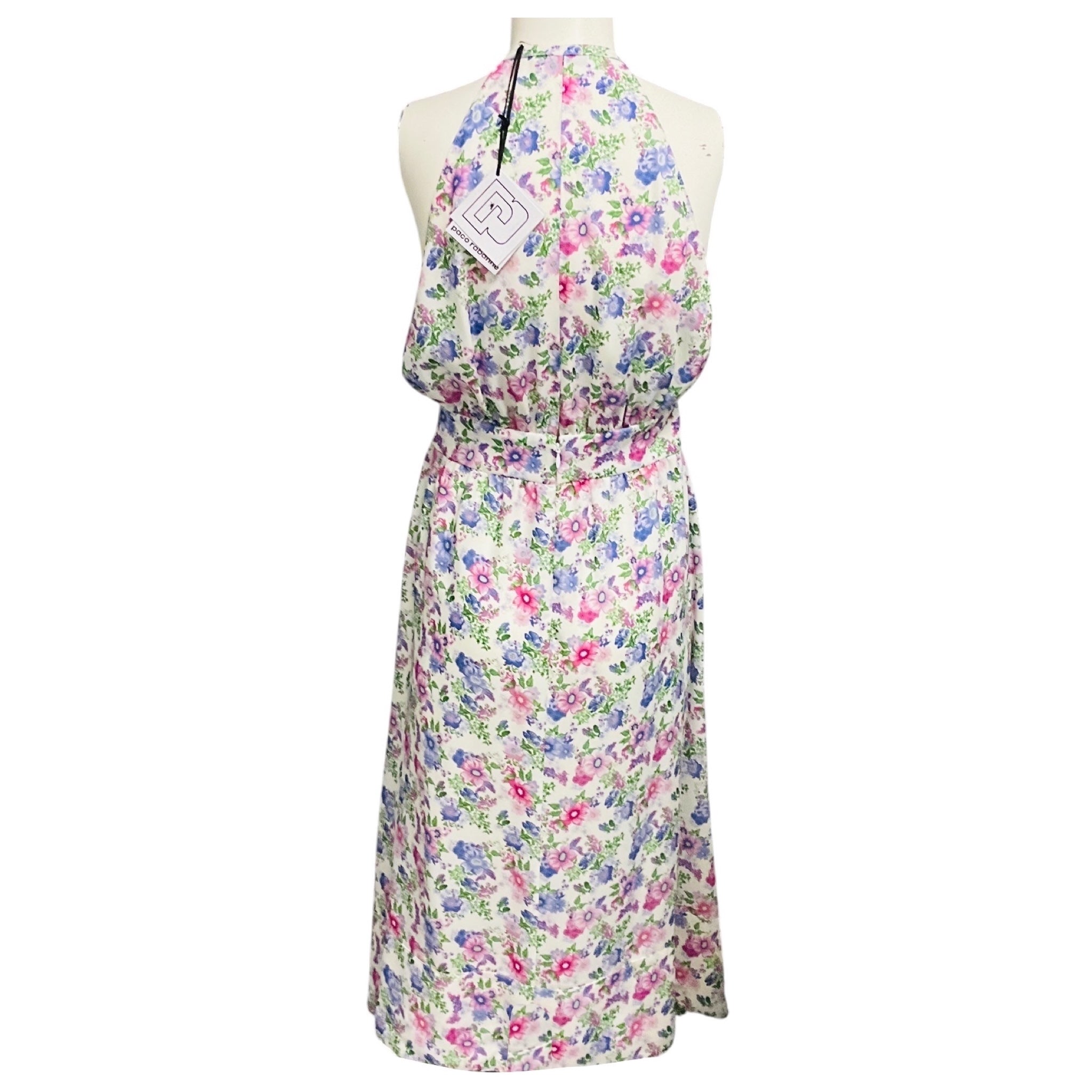 Paco Rabanne White / Pink / Purple Multi Floral Printed Midi Dress with Chainmail Detail