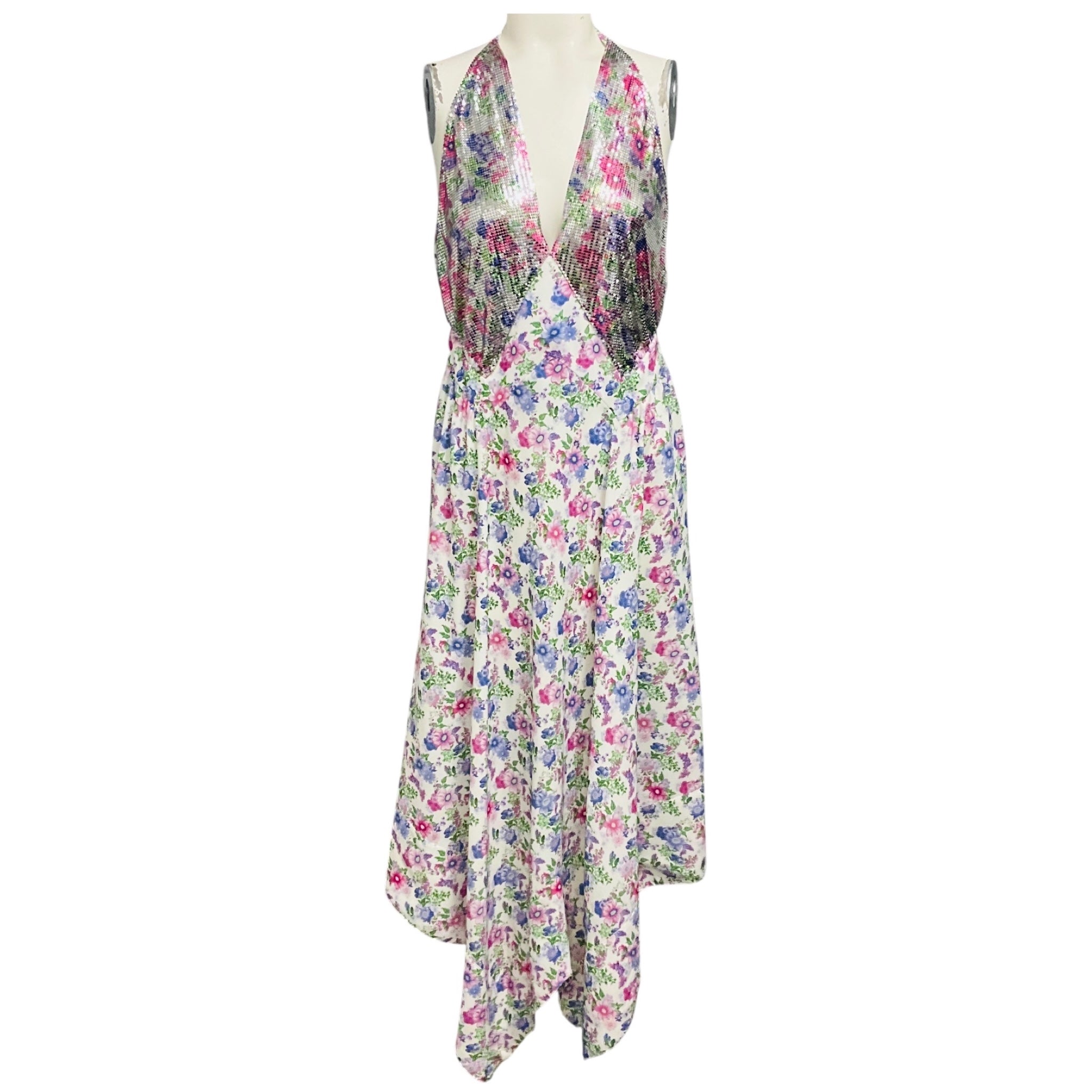 Paco Rabanne White / Pink / Purple Multi Floral Printed Midi Dress with Chainmail Detail