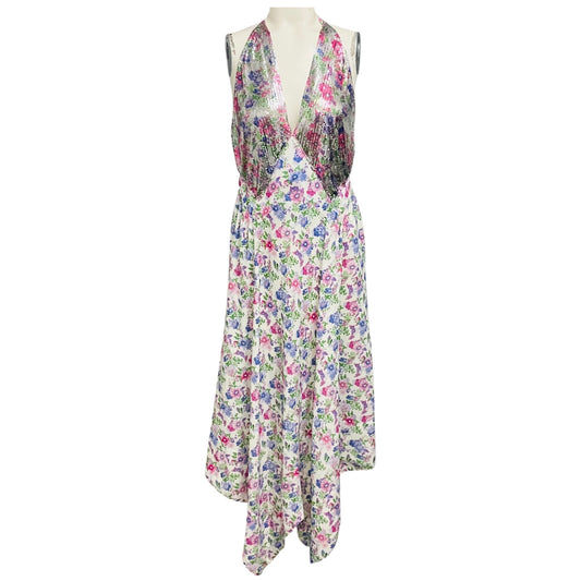 Paco Rabanne White / Pink / Purple Multi Floral Printed Midi Dress with Chainmail Detail