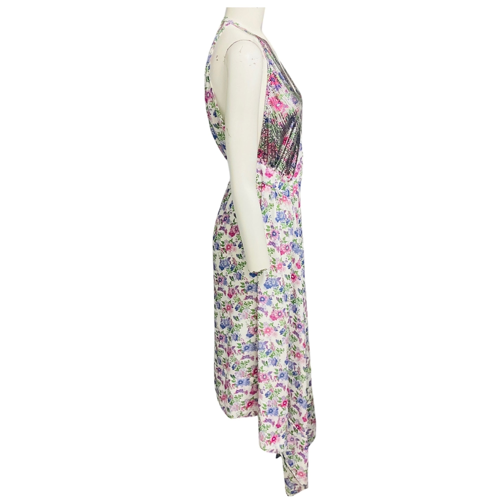 Paco Rabanne White / Pink / Purple Multi Floral Printed Midi Dress with Chainmail Detail