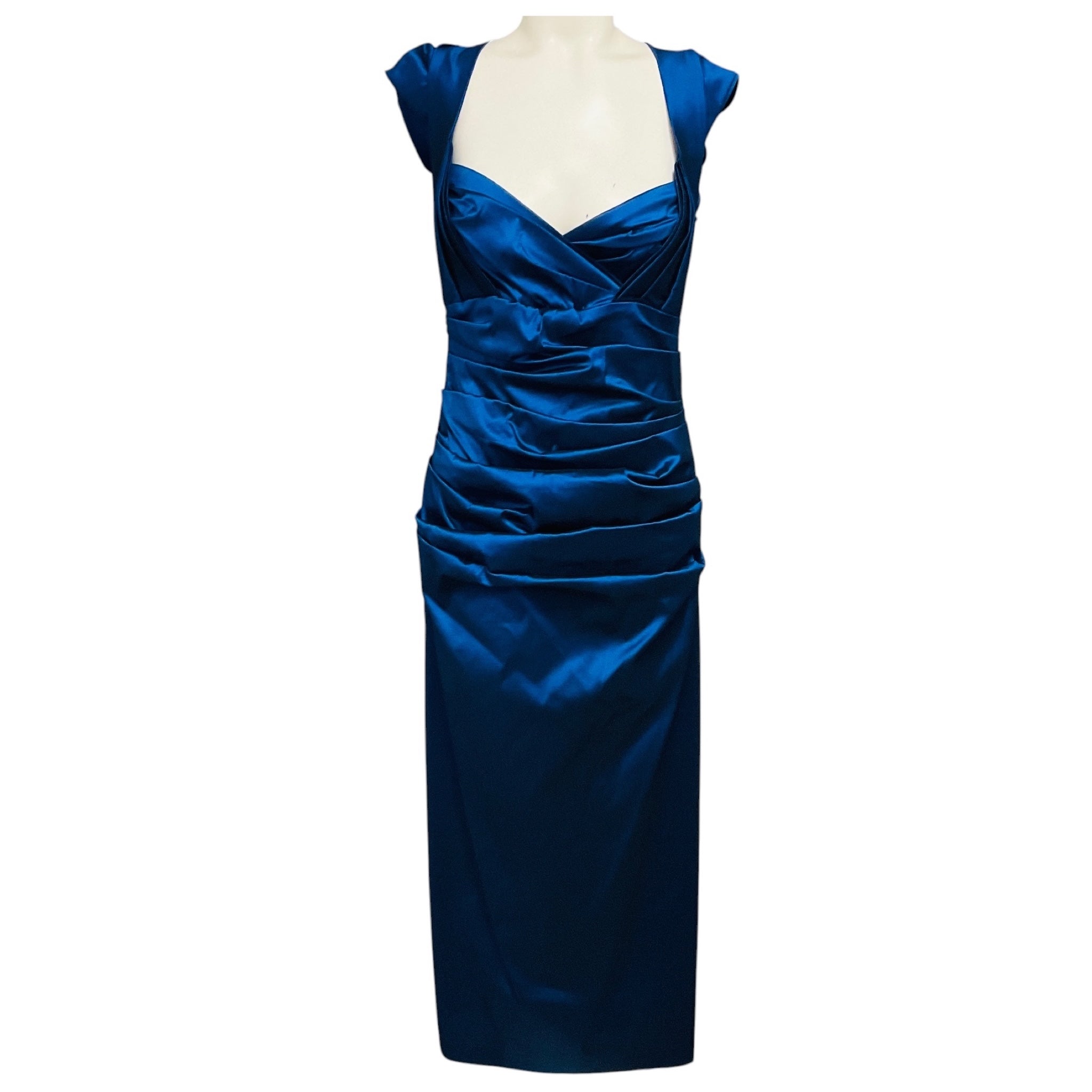 Talbot Runhof Blue Metallic Cap Sleeved Ruched Midi Cocktail Dress
