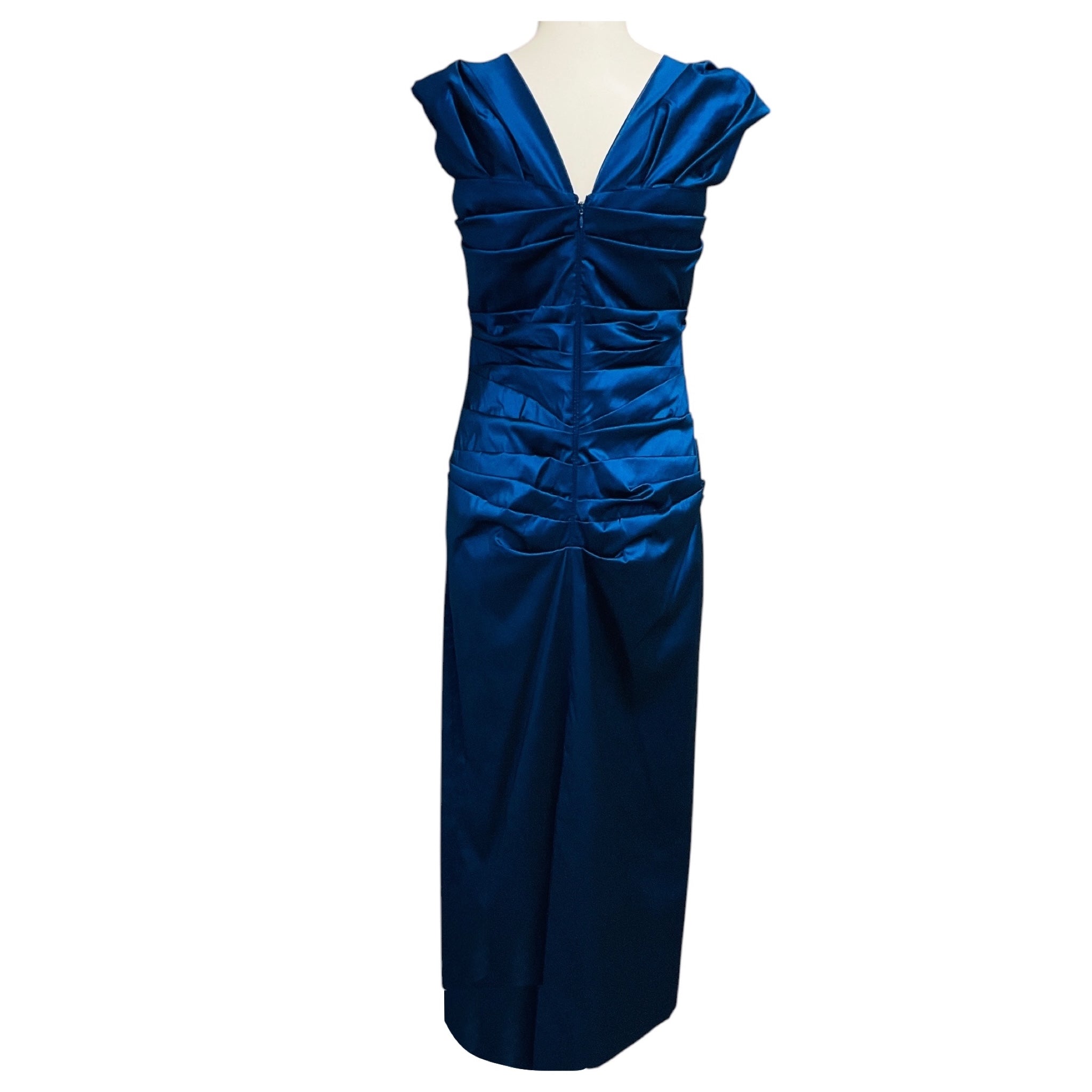 Talbot Runhof Blue Metallic Cap Sleeved Ruched Midi Cocktail Dress