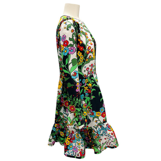 La DoubleJ Black / White Multi Floral Printed Ruffled Silk Dress