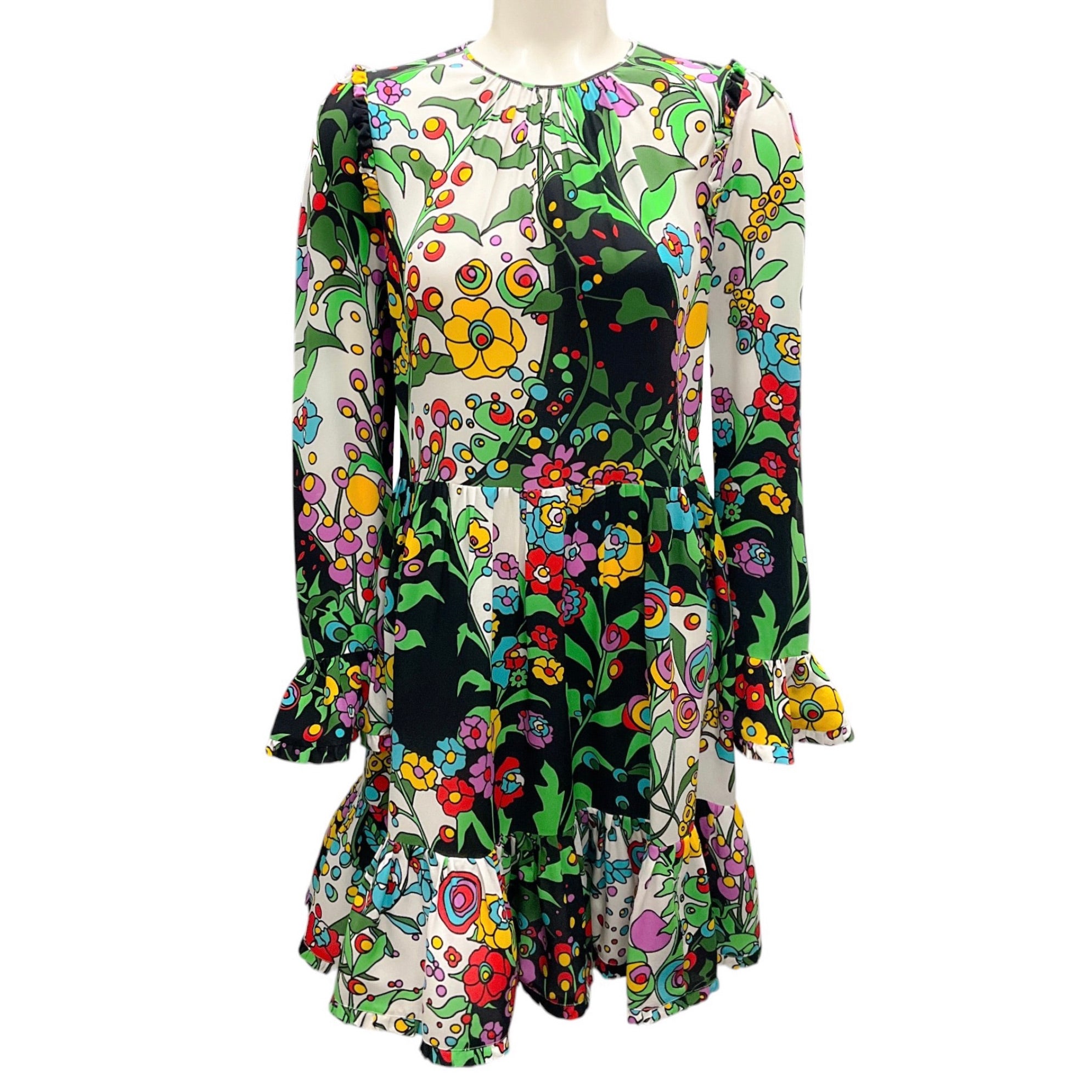 La DoubleJ Black / White Multi Floral Printed Ruffled Silk Dress