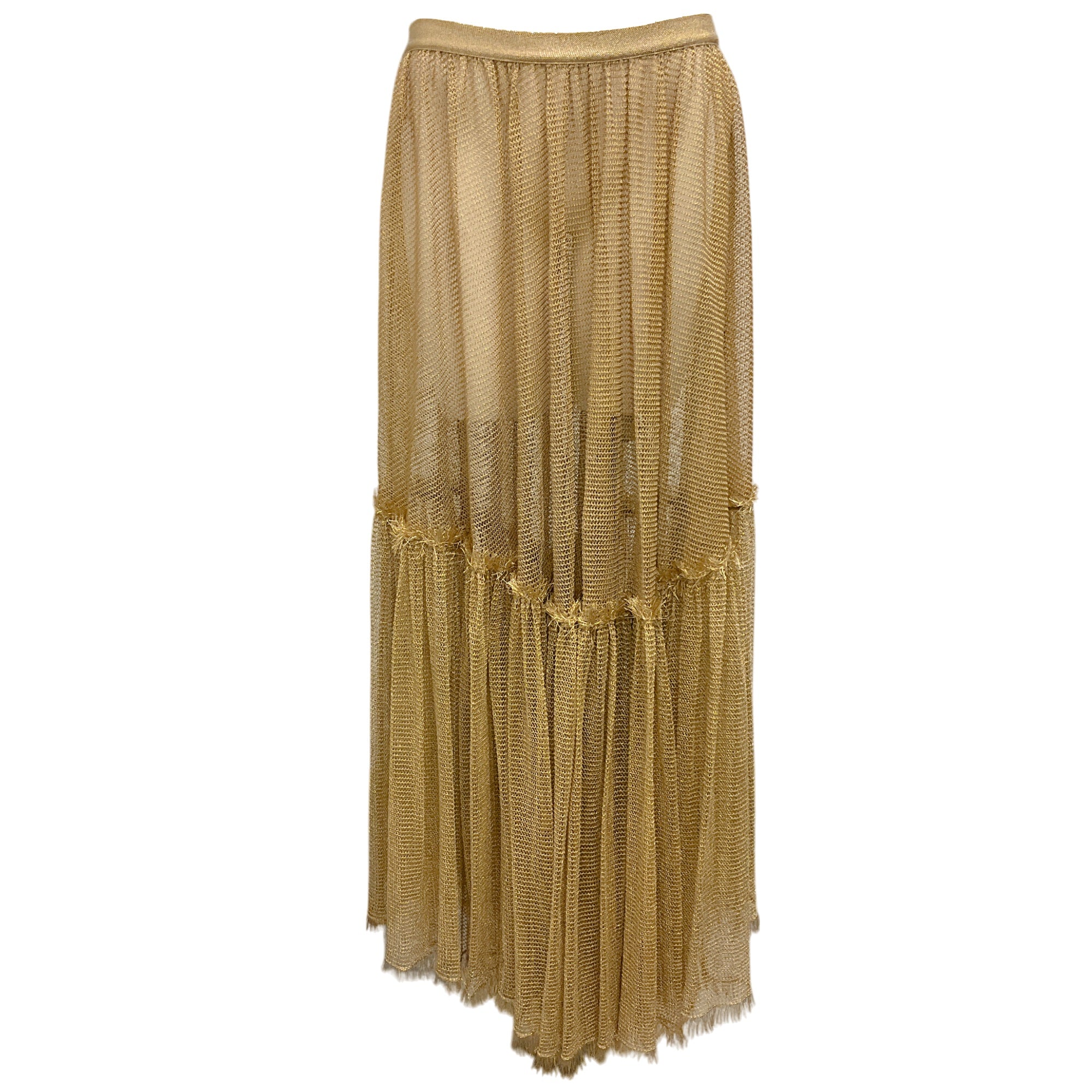 Christian Dior Gold Metallic Frayed Mesh Maxi Skirt