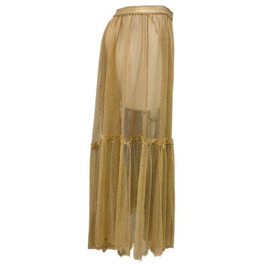 Christian Dior Gold Metallic Frayed Mesh Maxi Skirt