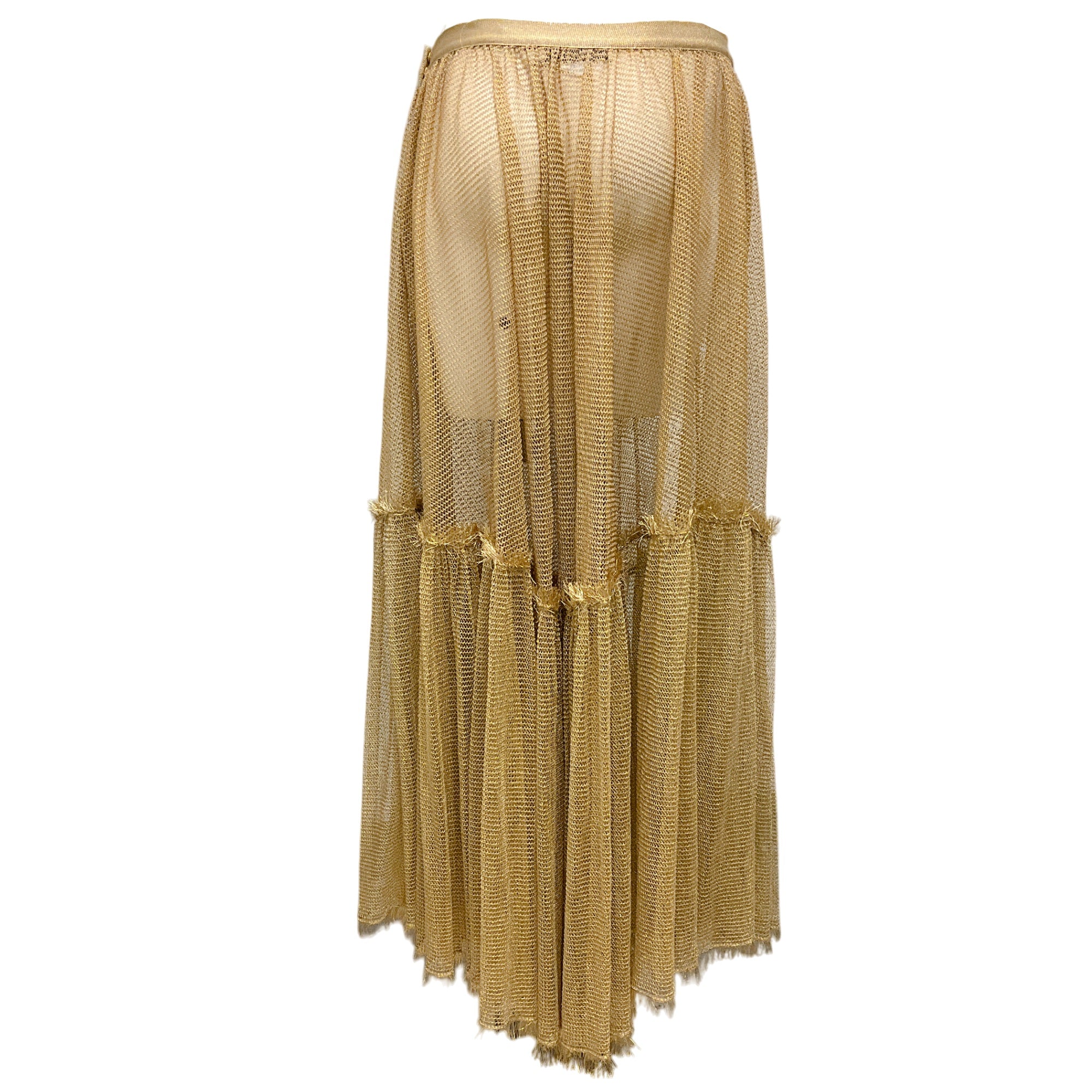 Christian Dior Gold Metallic Frayed Mesh Maxi Skirt