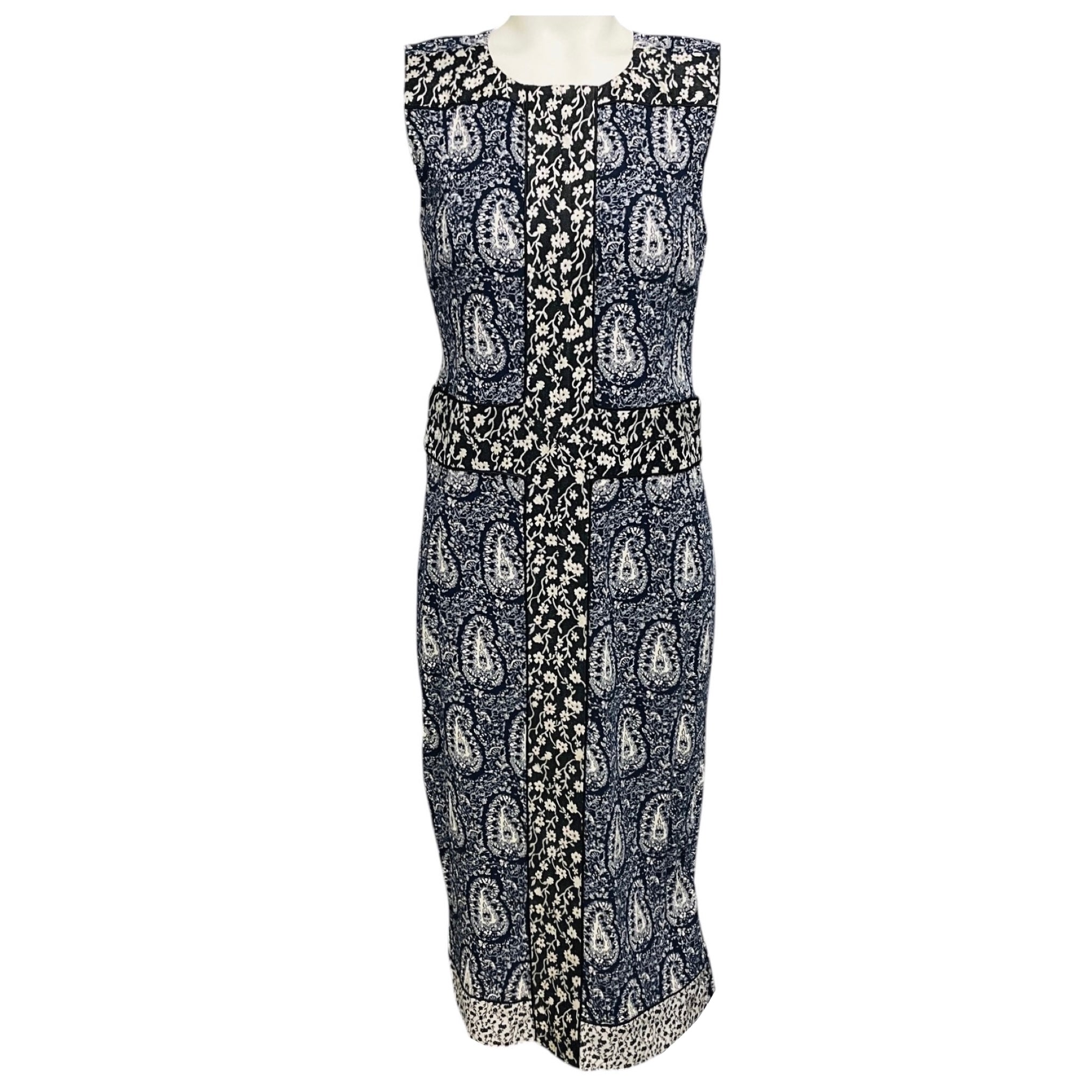 Altuzarra Navy Blue / White / Black Paisley Printed Crepe and Floral Jacquard Sleeveless Midi Dress