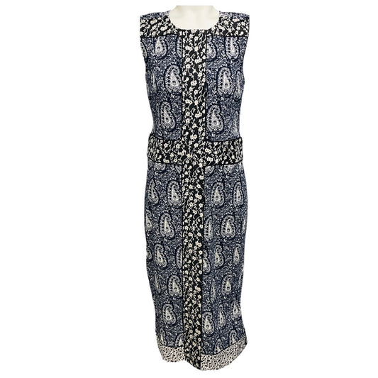 Altuzarra Navy Blue / White / Black Paisley Printed Crepe and Floral Jacquard Sleeveless Midi Dress