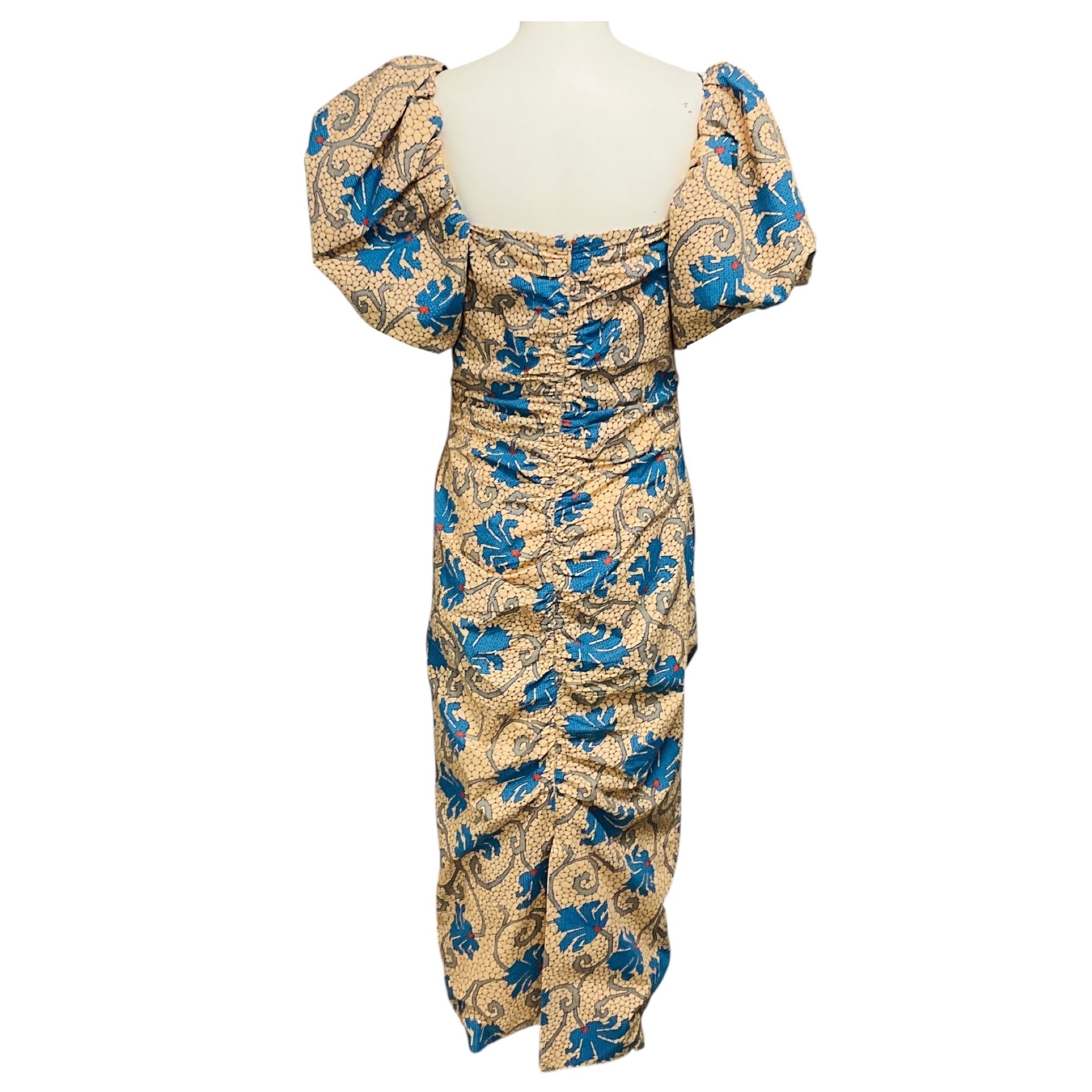 Rhode Beige Moisaic Bloom Tessa Floral Printed Puff Sleeve Cotton Midi Dress