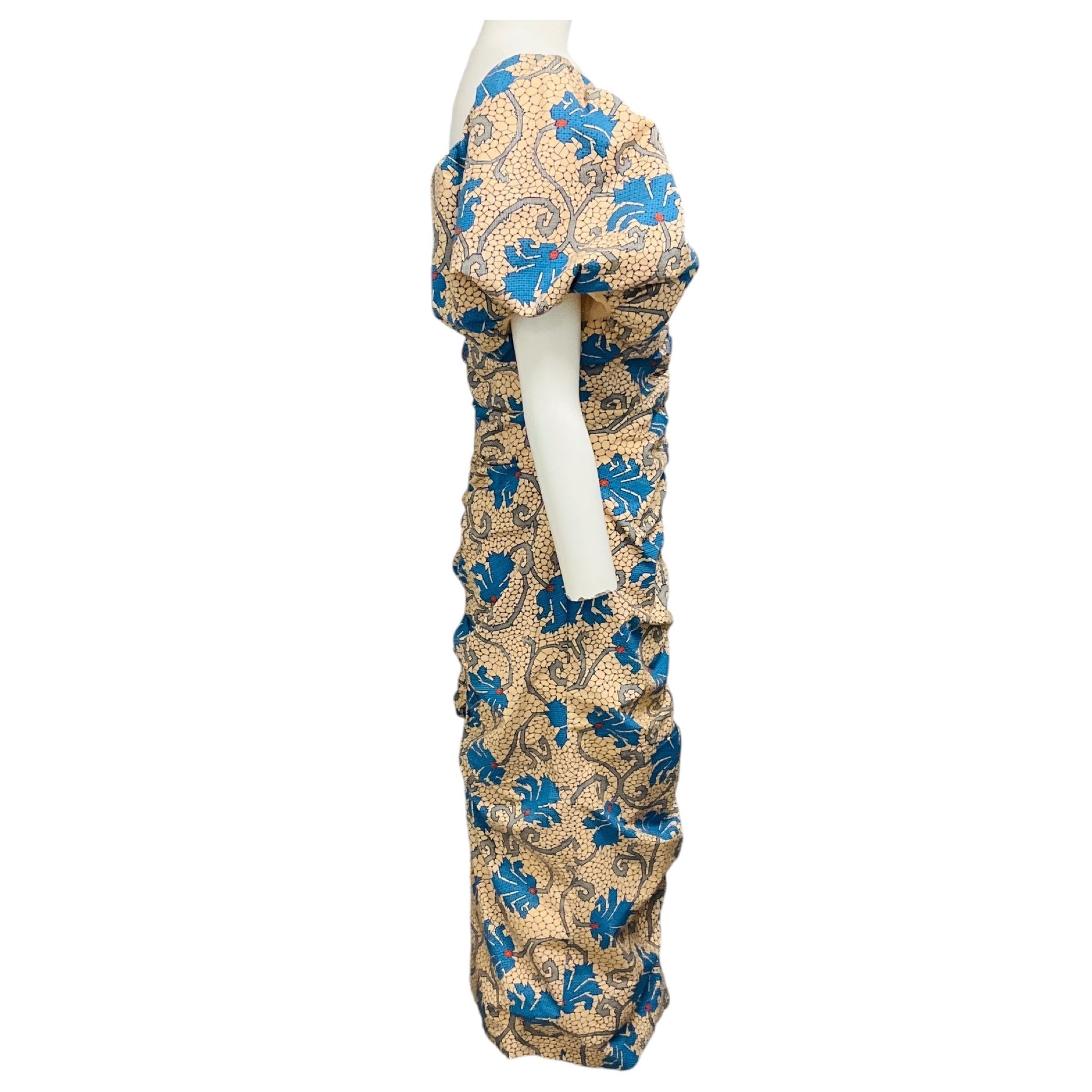 Rhode Beige Moisaic Bloom Tessa Floral Printed Puff Sleeve Cotton Midi Dress