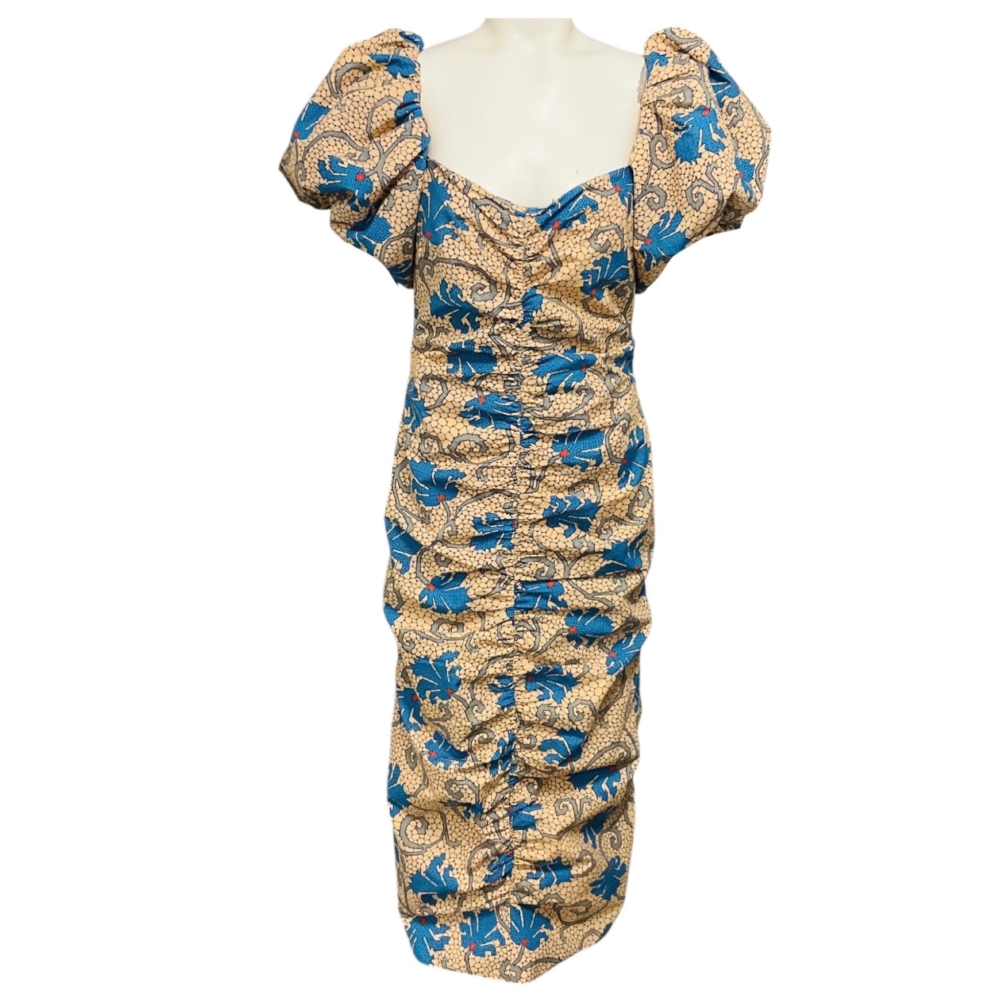 Rhode Beige Moisaic Bloom Tessa Floral Printed Puff Sleeve Cotton Midi Dress 