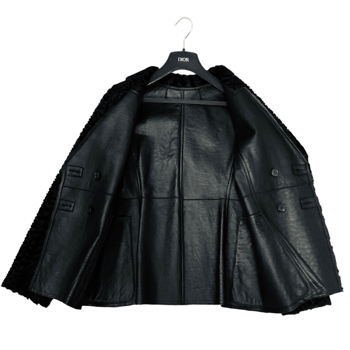 Christian Dior Black Reversible Double Breasted Astracan Lamb Fur and Leather Jacket with CD Bee Embroidery