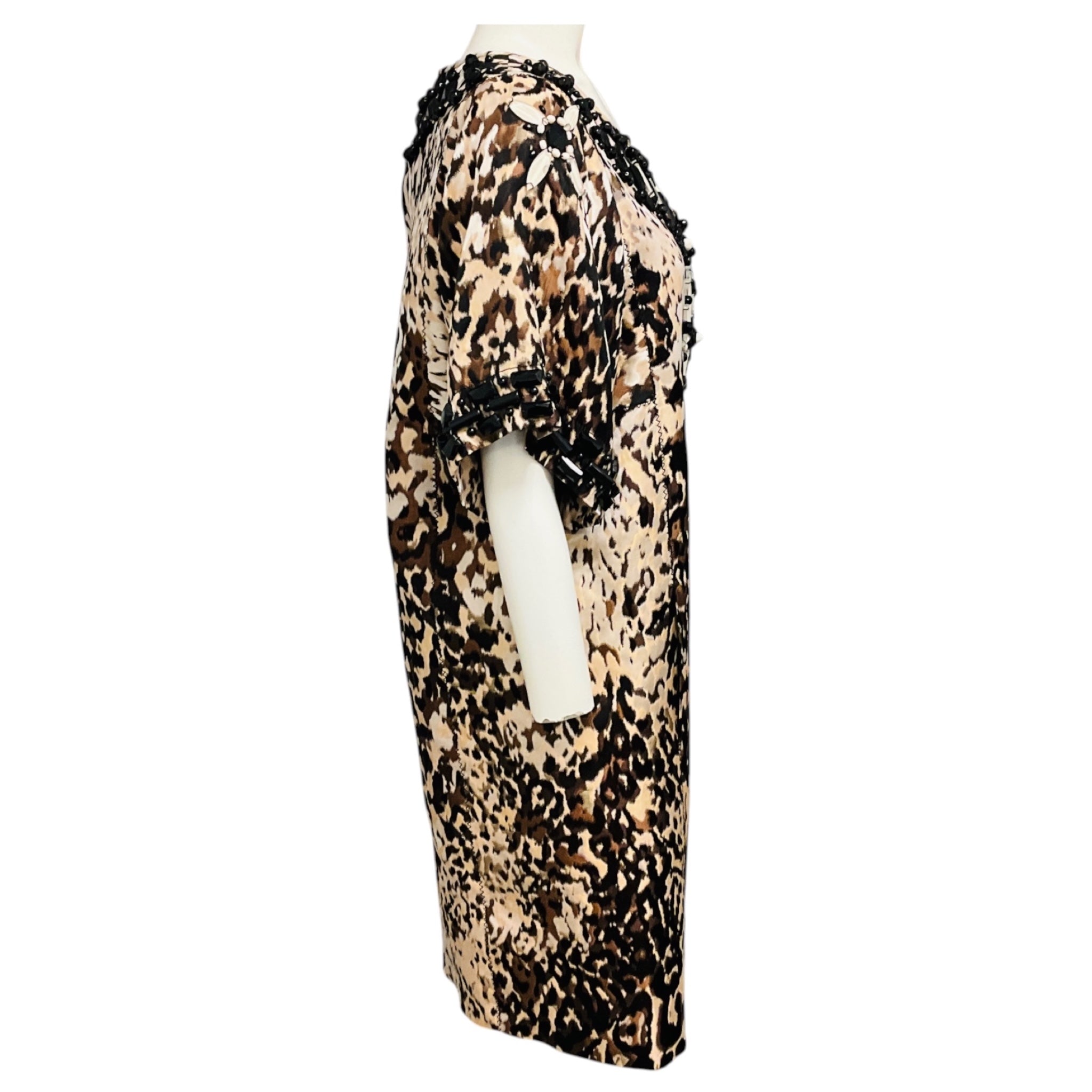 Lanvin Beige / Brown / Black / White Bead Embellished Animal Print Jacquard Dress