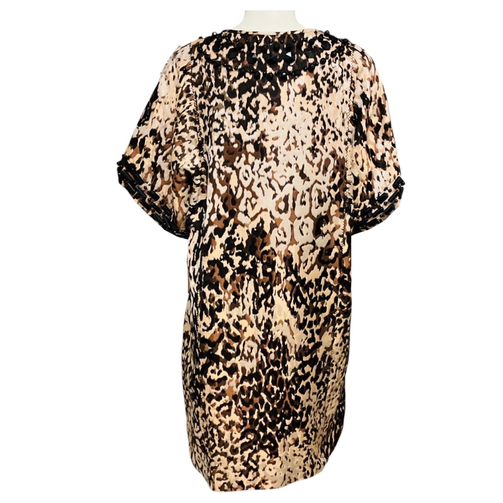 Lanvin Beige / Brown / Black / White Bead Embellished Animal Print Jacquard Dress
