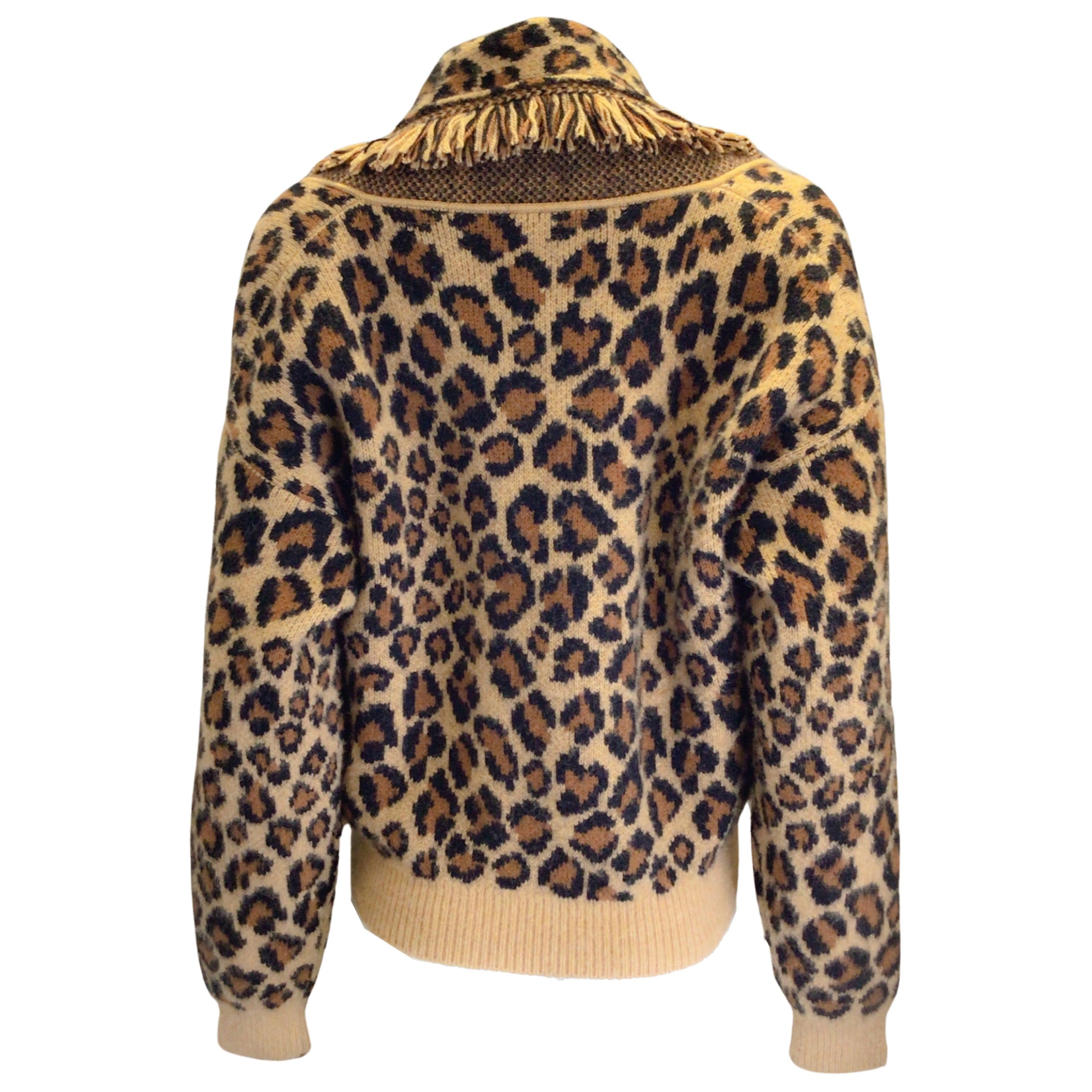 Alanui Tan / Brown / Black Leopard Printed Fringed Trim Long Sleeved Deep V-Neck Cashmere and Wool Knit Sweater