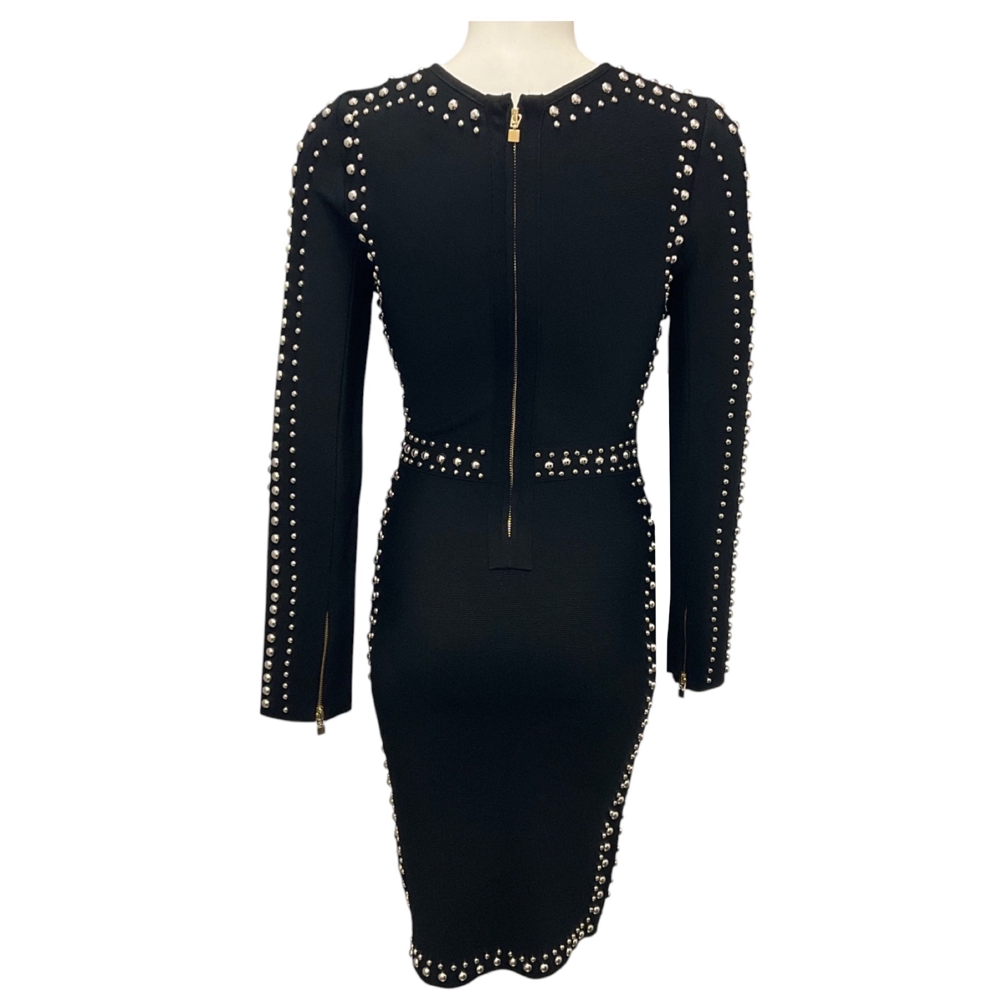 Herve Leger Black / Silver Stud Embellished Long Sleeved Bandage Dress