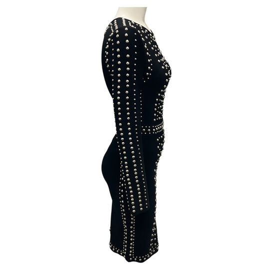 Herve Leger Black / Silver Stud Embellished Long Sleeved Bandage Dress