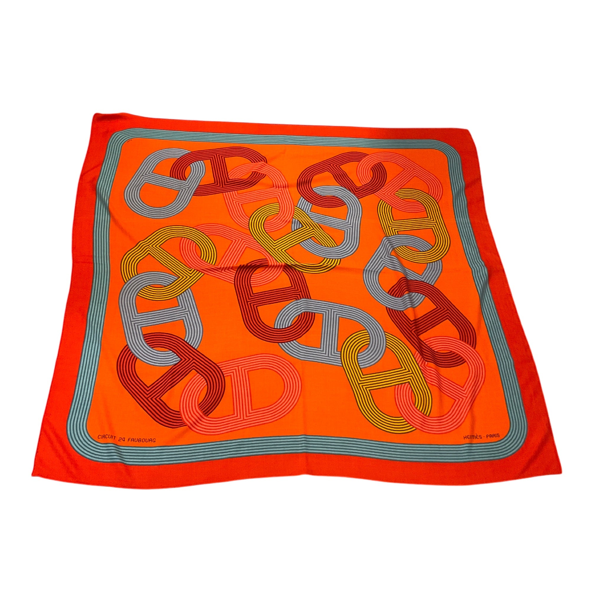 Hermes Orange / Red Multi Circuit 24 Faubourg Large Cashmere and Silk Scarf