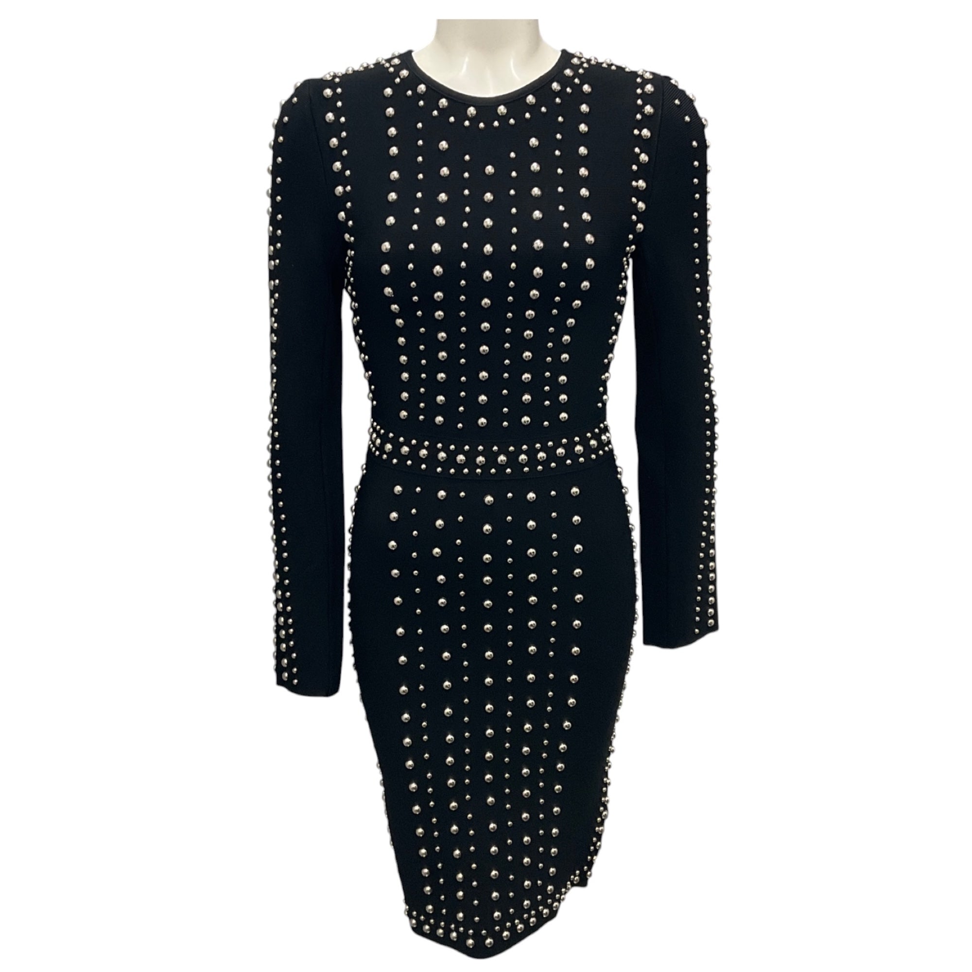 Herve Leger Black / Silver Stud Embellished Long Sleeved Bandage Dress