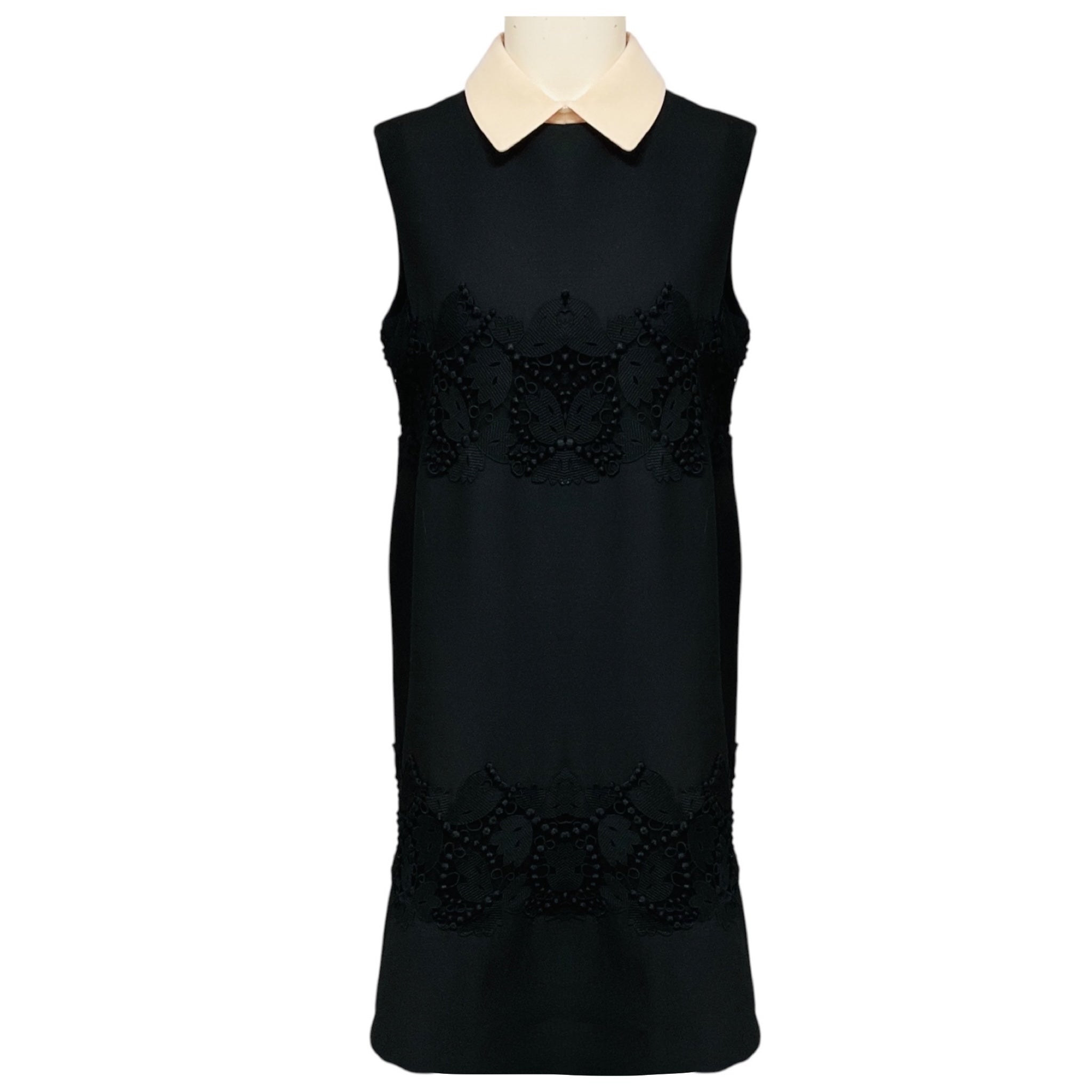 Valentino Black Embroidered Lace and Mesh Tulle Detailed Sleeveless Crepe Dress with Cream Collar