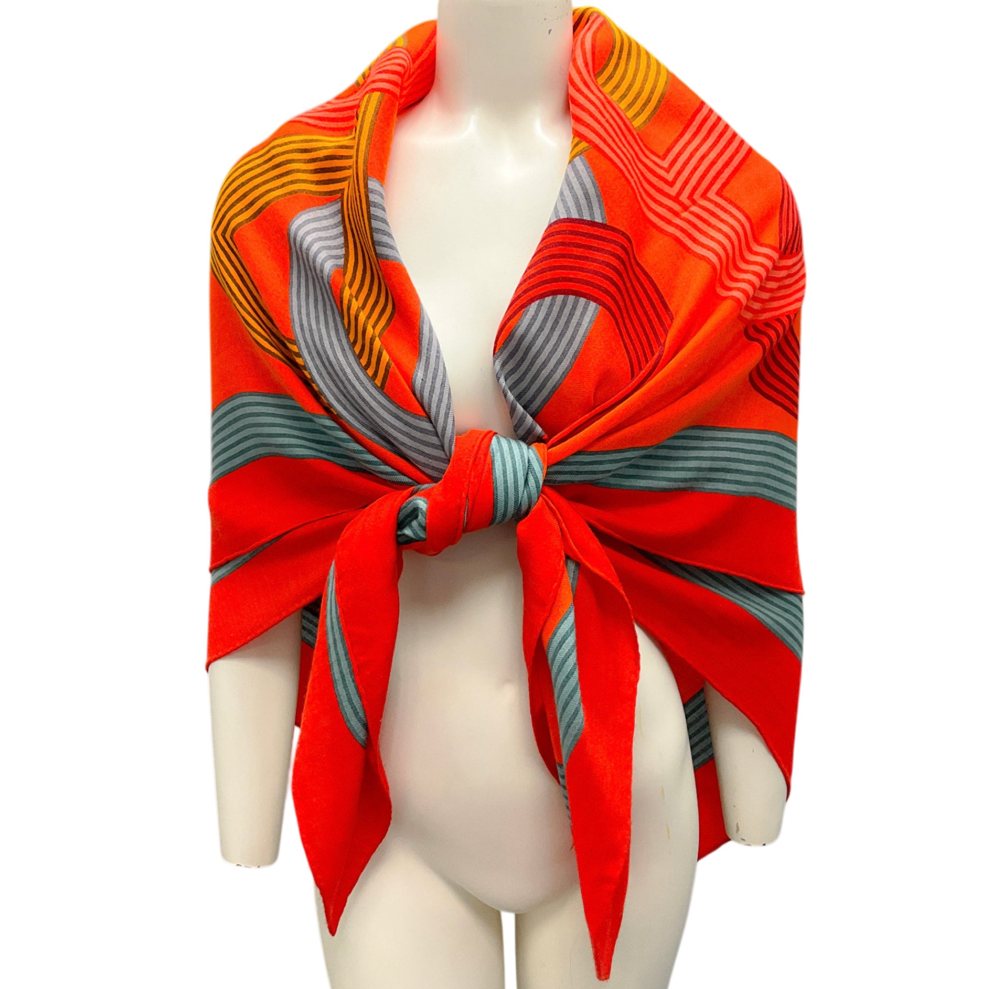 Hermes Orange / Red Multi Circuit 24 Faubourg Large Cashmere and Silk Scarf