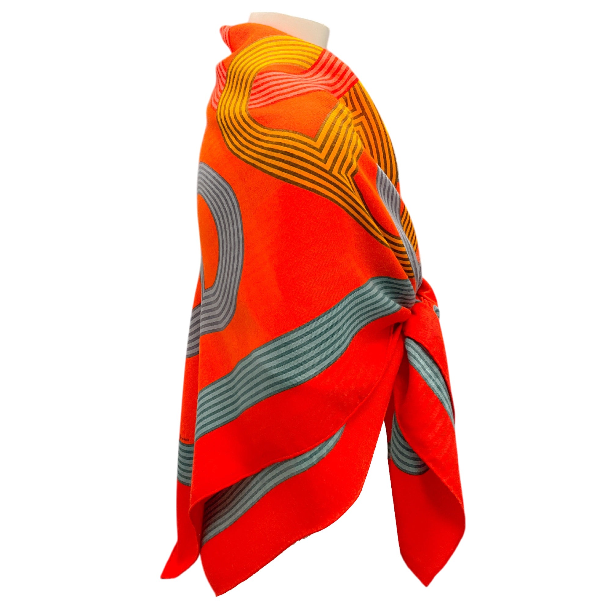 Hermes Orange / Red Multi Circuit 24 Faubourg Large Cashmere and Silk Scarf