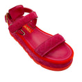 Load image into Gallery viewer, Chanel Pink / Red / Gold CC Logo Quilted Suede Calfskin Flat Platform Sandals
