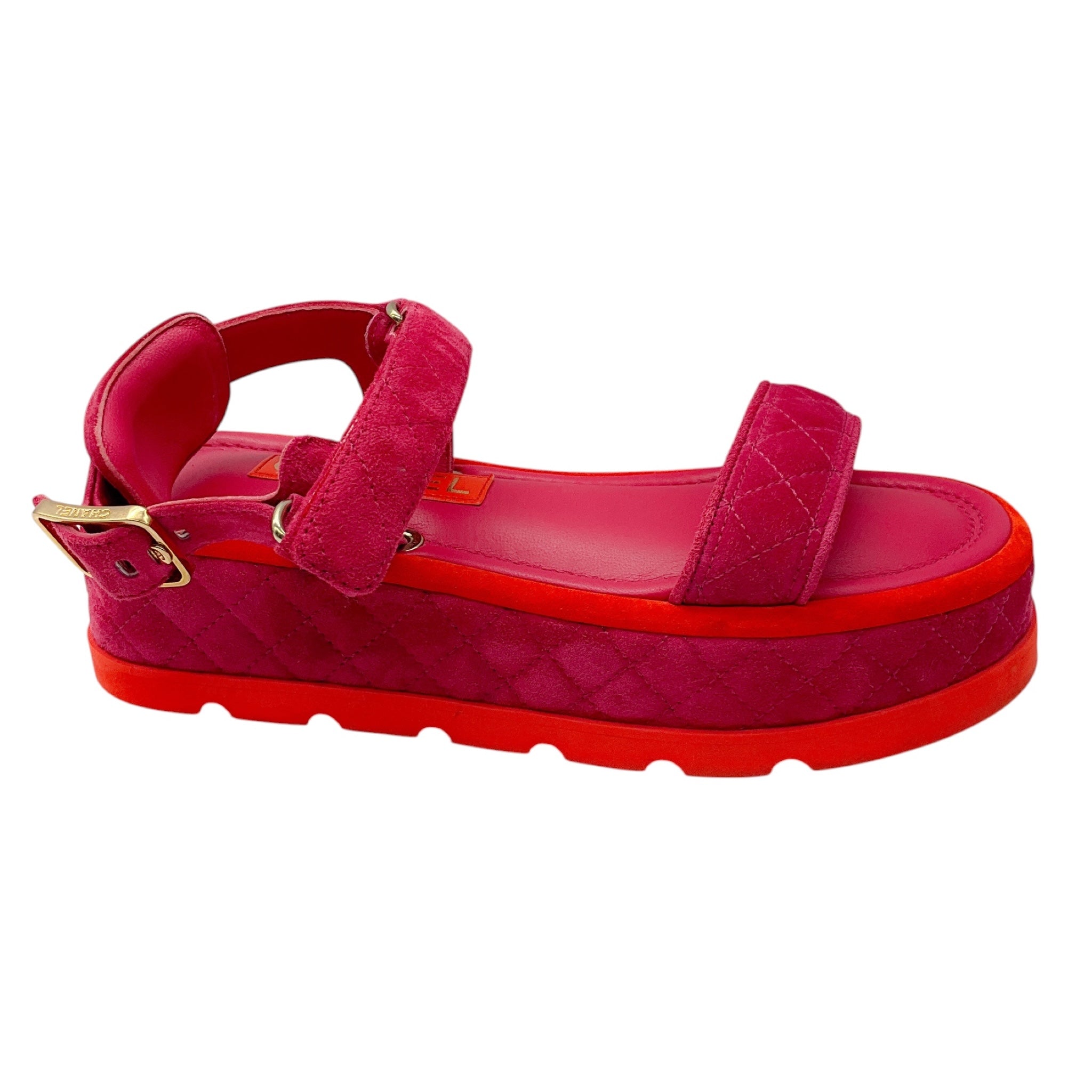 Chanel Pink / Red / Gold CC Logo Quilted Suede Calfskin Flat Platform Sandals