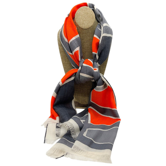 Hermes Orange / Grey Anamorphee Fringed Cashmere And Silk Rectangle Scarf