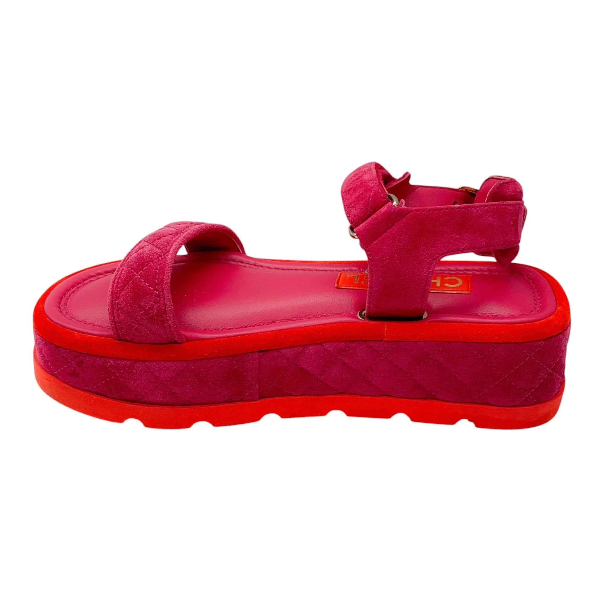 Chanel Pink / Red / Gold CC Logo Quilted Suede Calfskin Flat Platform Sandals