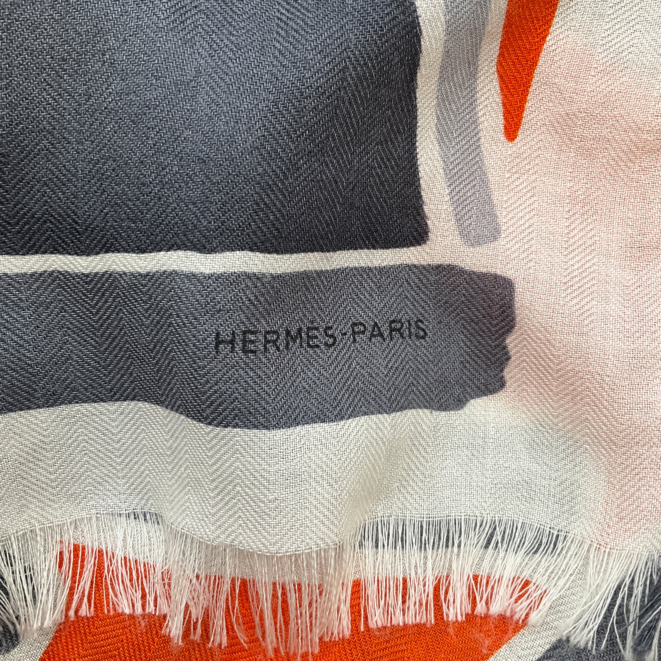 Hermes Orange / Grey Anamorphee Fringed Cashmere And Silk Rectangle Scarf