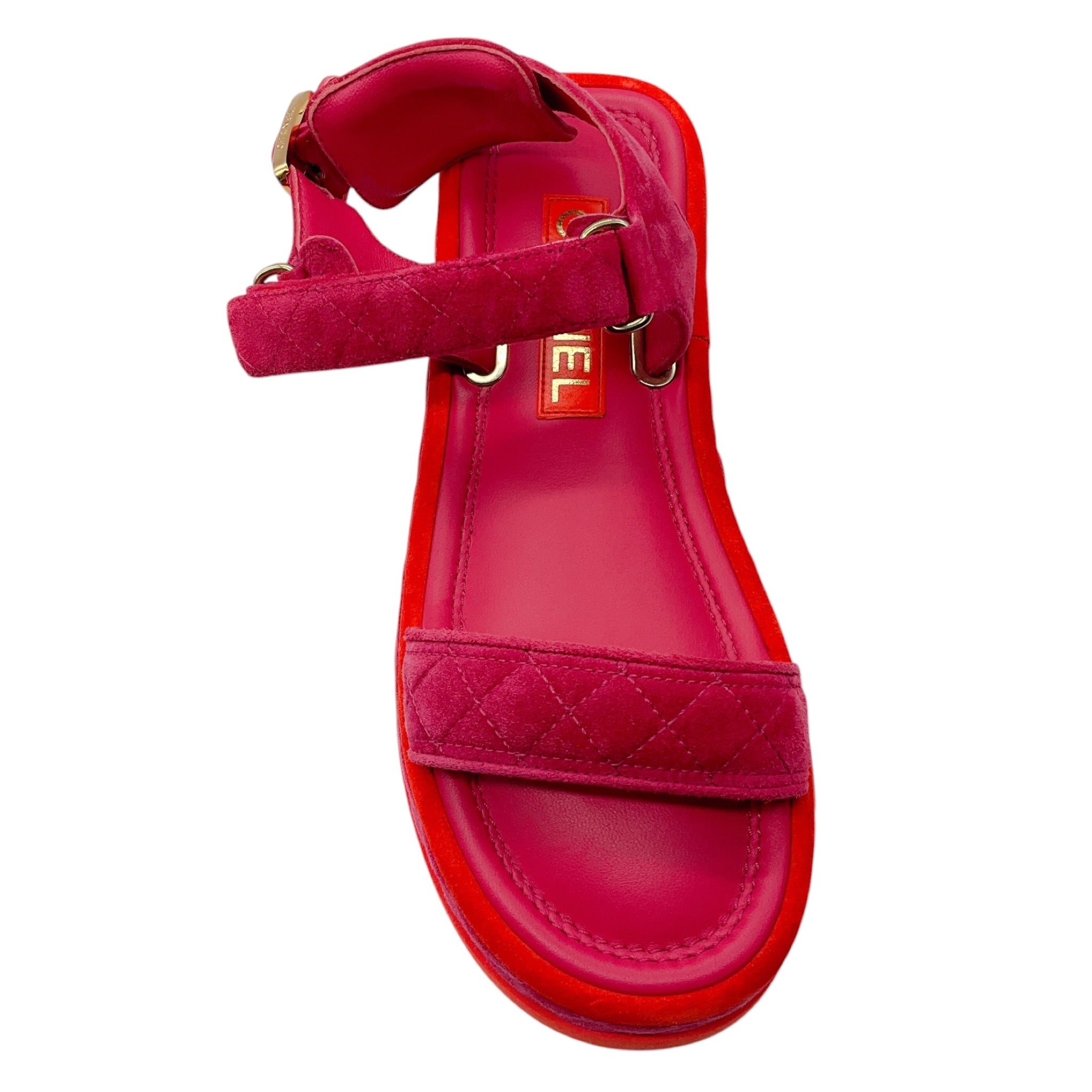 Chanel Pink / Red / Gold CC Logo Quilted Suede Calfskin Flat Platform Sandals
