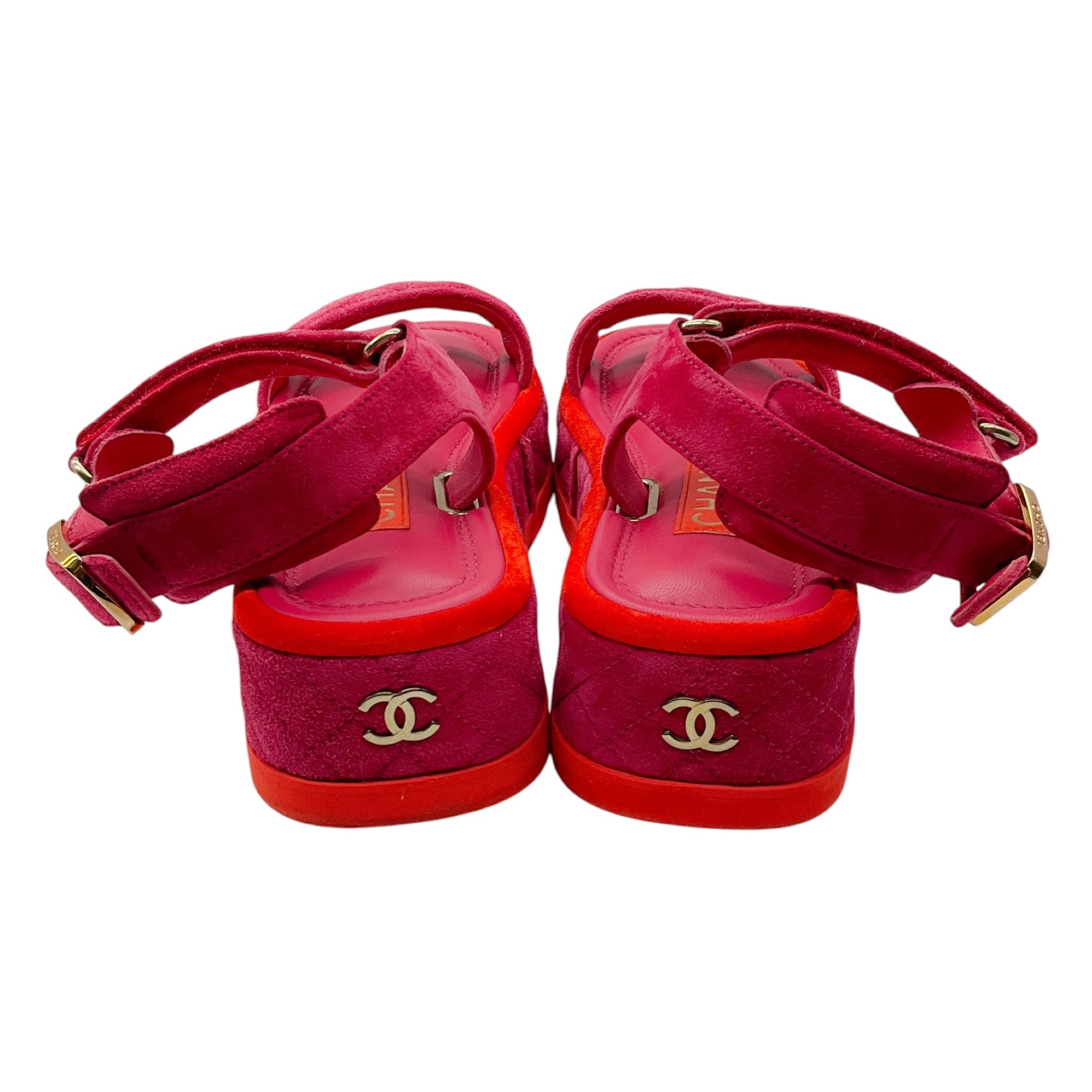 Chanel Pink / Red / Gold CC Logo Quilted Suede Calfskin Flat Platform Sandals