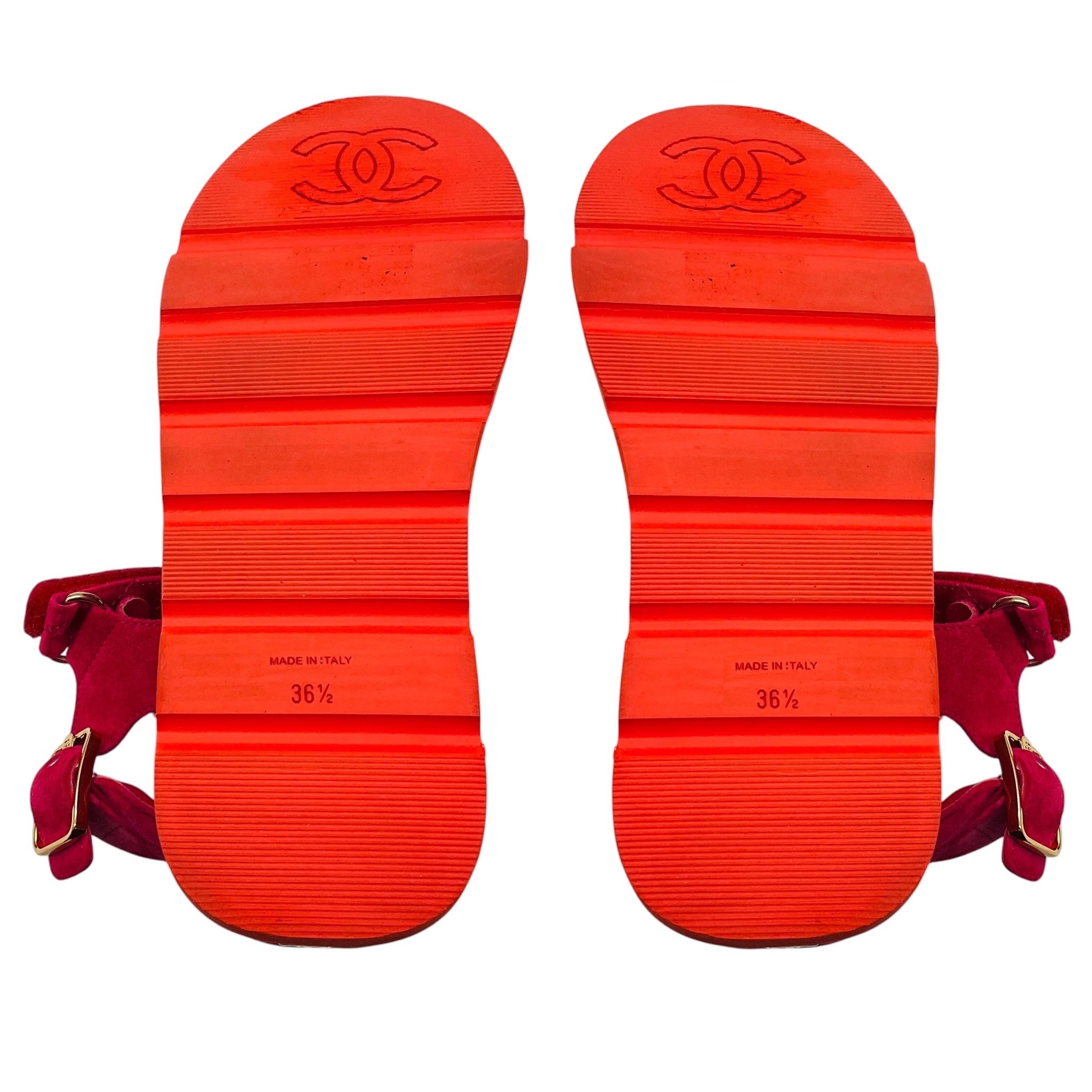 Chanel Pink / Red / Gold CC Logo Quilted Suede Calfskin Flat Platform Sandals