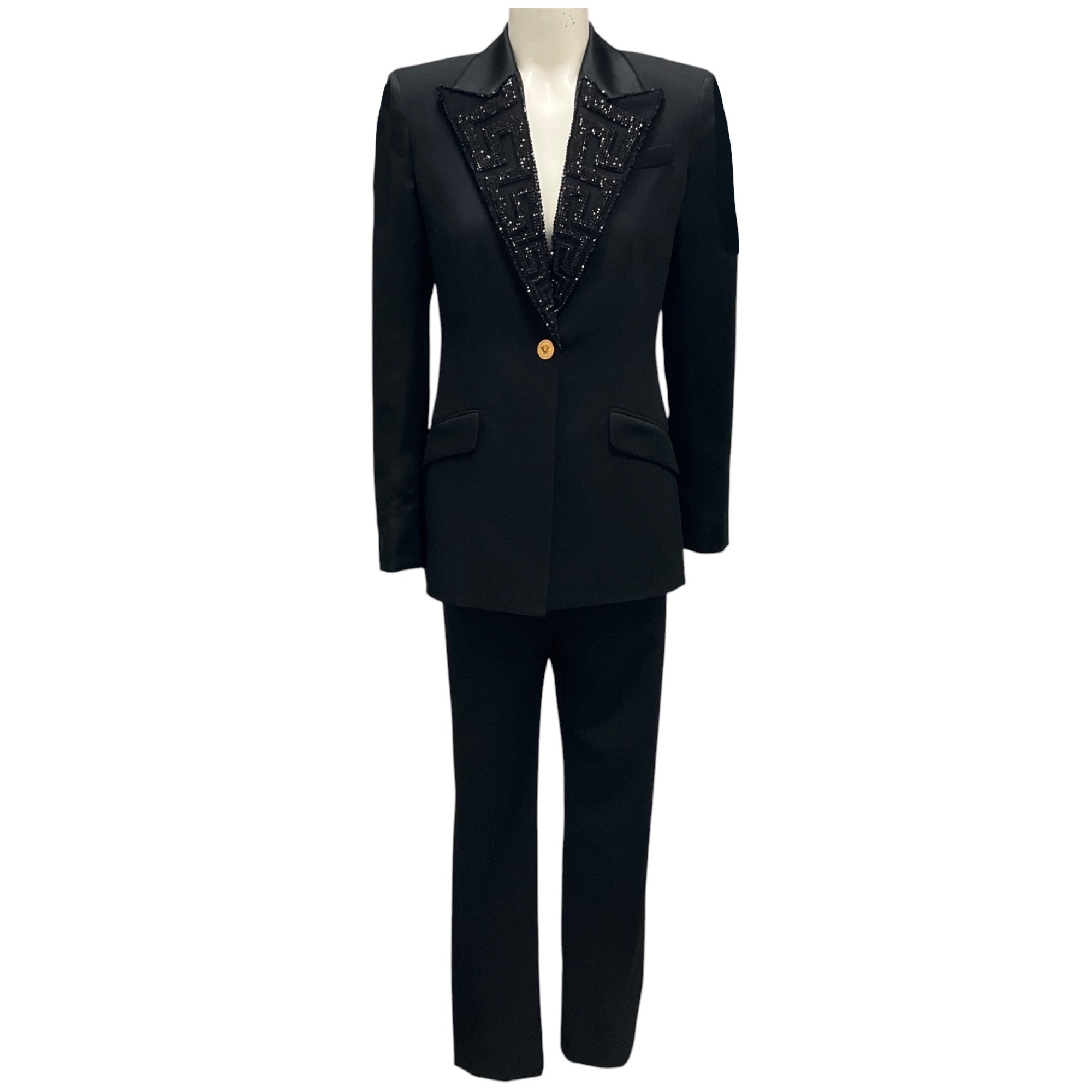 Versace Black Crystal Embellished Tuxedo Jacket and Pants Suit Set