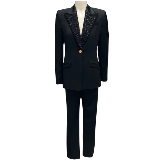 Versace Black Crystal Embellished Tuxedo Jacket and Pants Suit Set