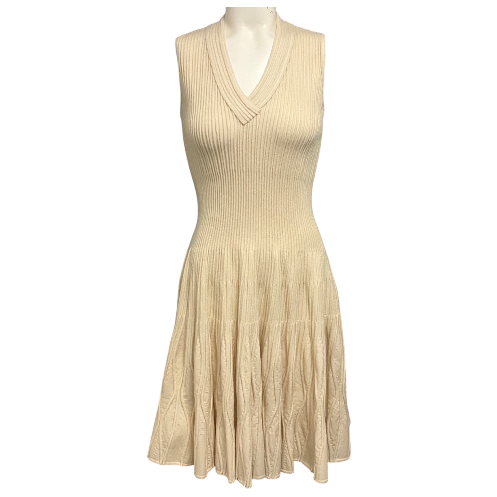 Alaia Cream Textured Sleeveless V-Neck Flared Wool Knit Dress
