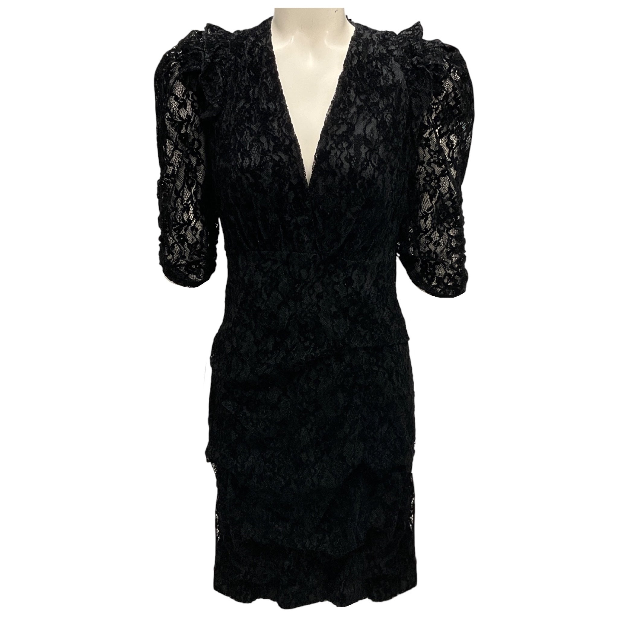 Maje Black Rimael Velvet Flocked Lace Puff Sleeve Mini Cocktail Dress